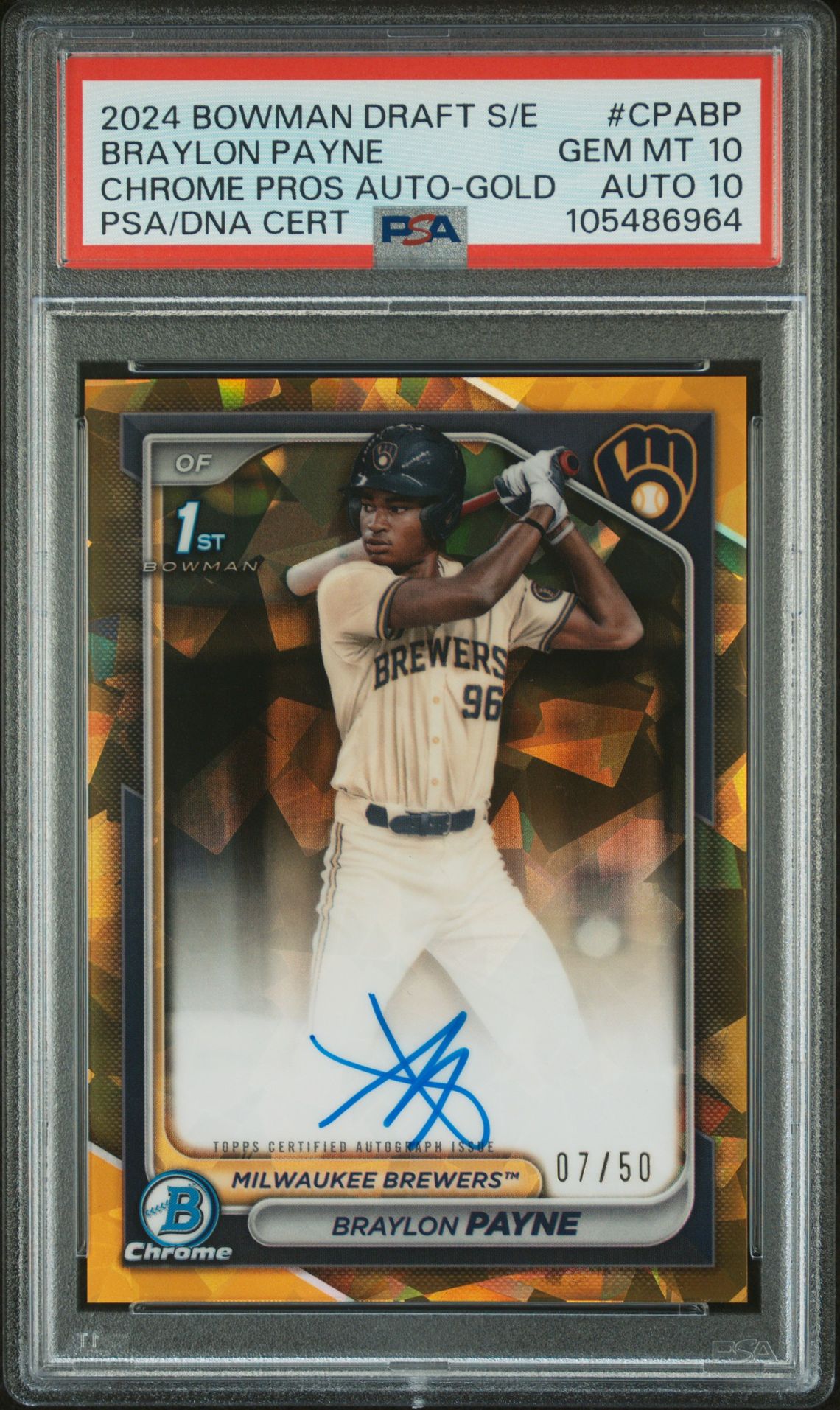 2024 Bowman Draft BOWMAN DRAFT SAPPHIRE EDITION CHROME SAPPHIRE PROSPECT AUTOGRAPHS CHROME PROS AUTO-GOLD #CPABP Braylon Payne front