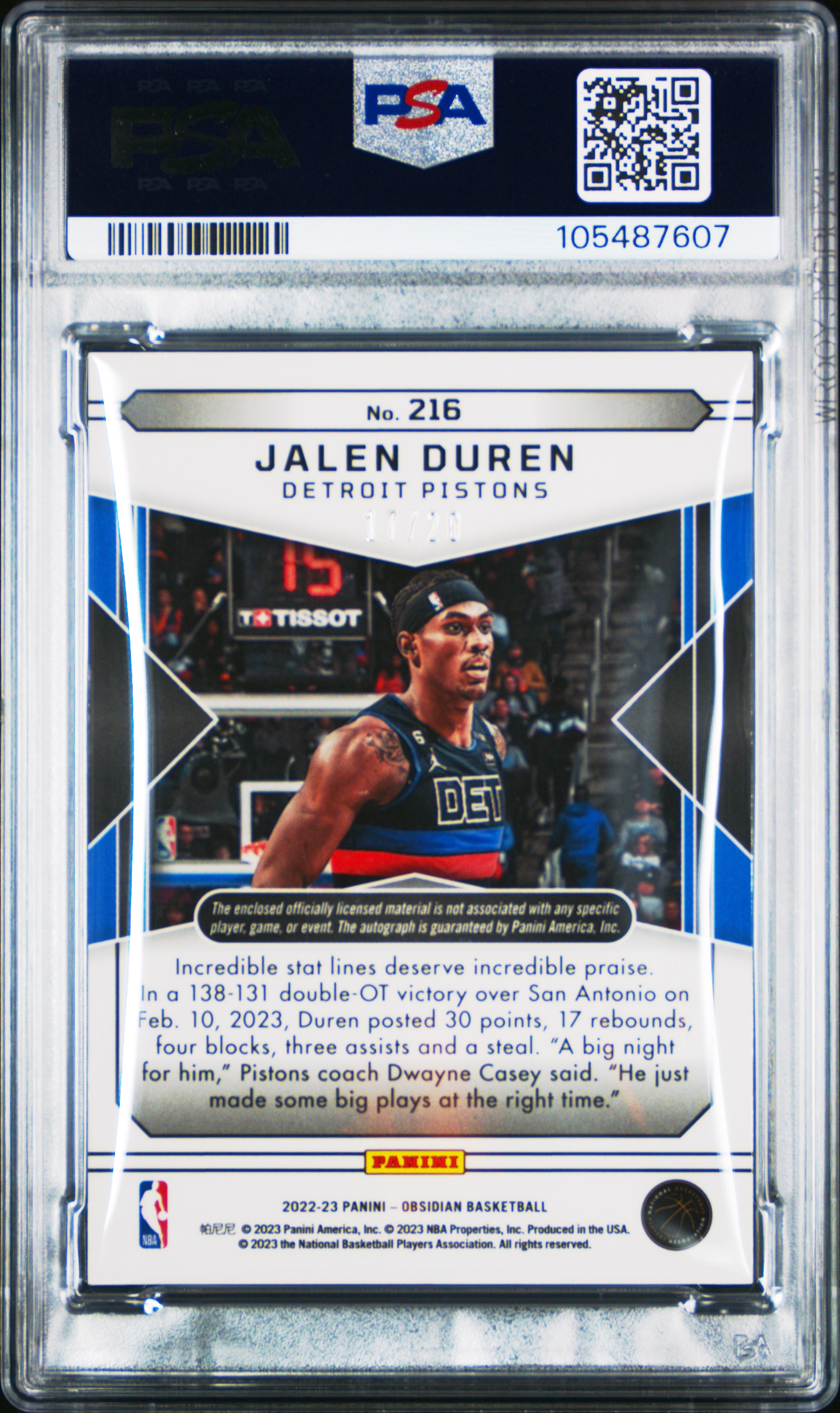2022 Panini Obsidian Jalen Duren #216 (Jersey Auto-Ee Green Flood) Mint 9 back