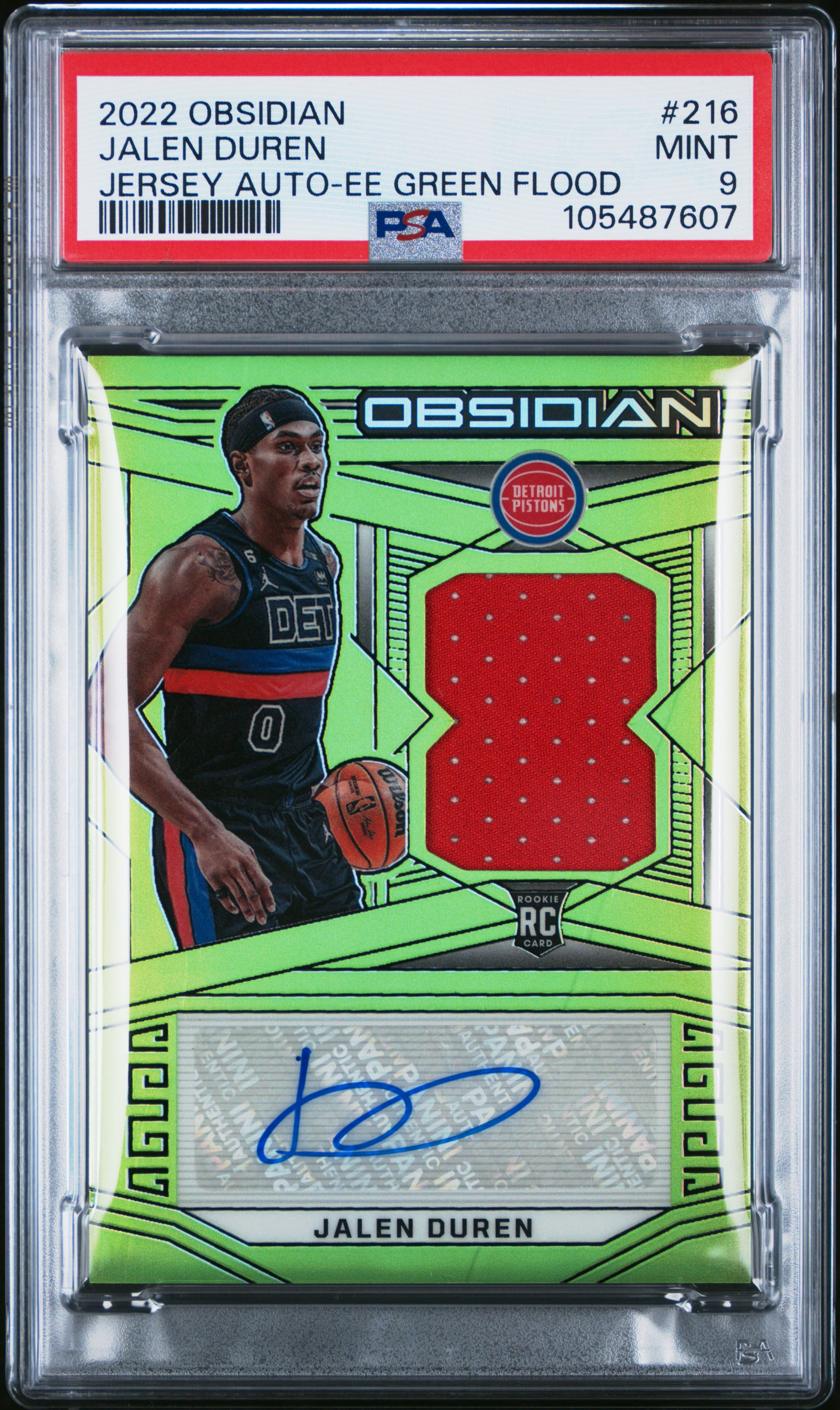 2022 Panini Obsidian Jalen Duren #216 (Jersey Auto-Ee Green Flood) Mint 9 front