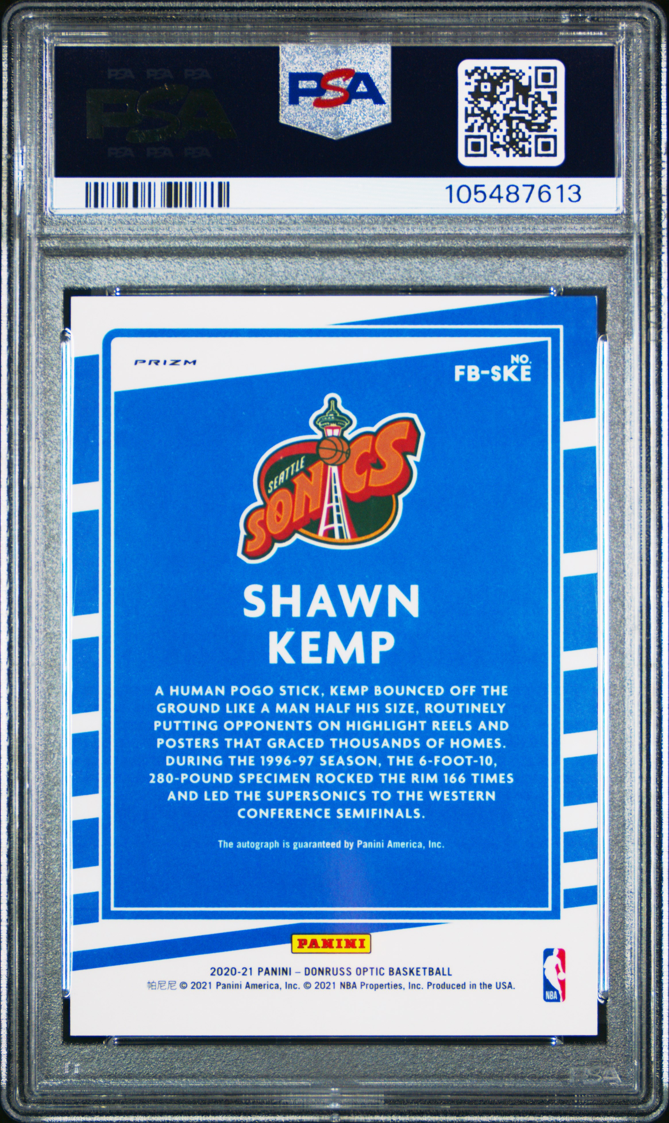 2020 Panini Donruss Optic Fast Break Signatures Shawn Kemp #Fb-Ske (Fast Break Signatures) Mint 9 back