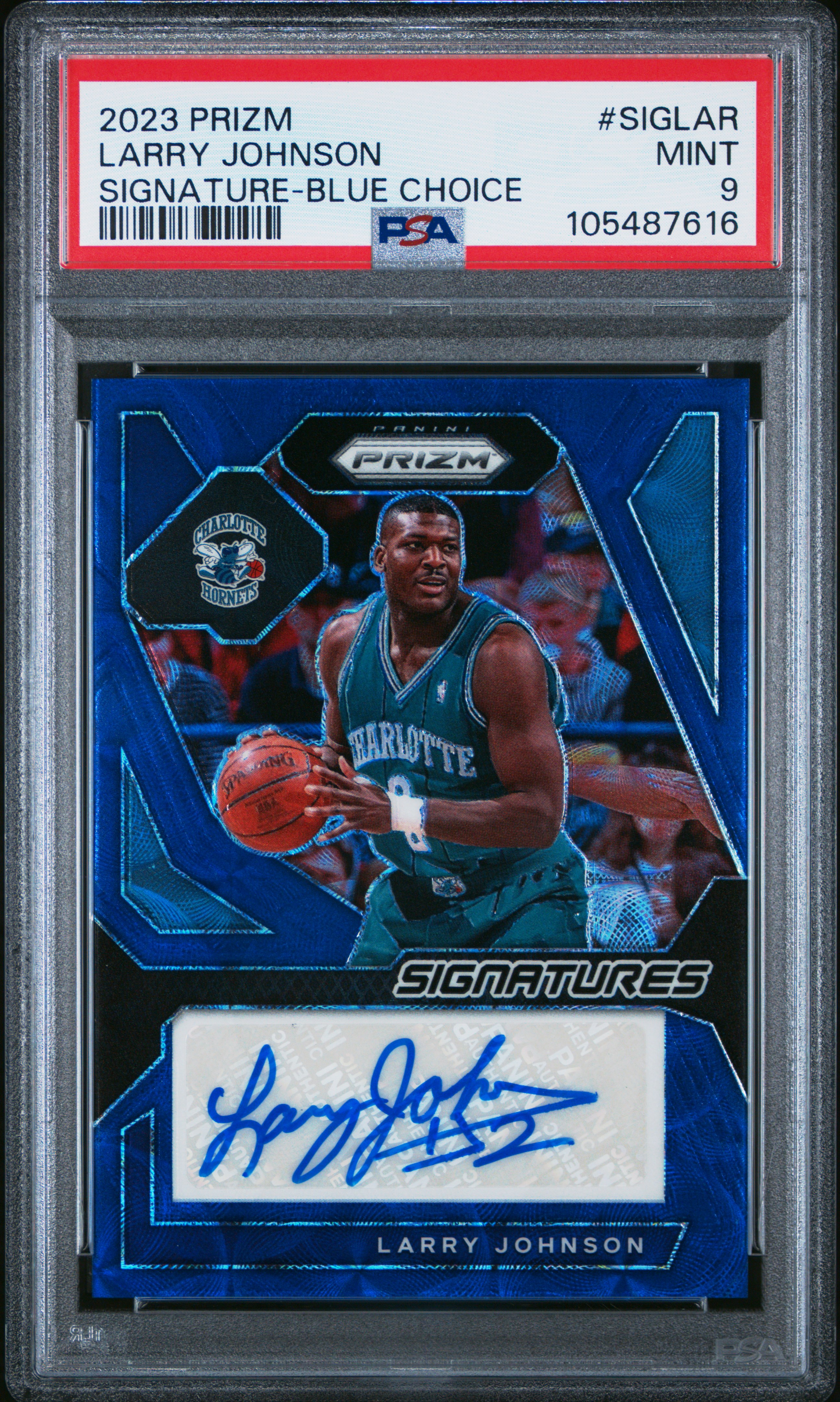 2023 Panini Prizm Signatures Larry Johnson #Siglar (Signature-Blue Choice) Mint 9 front