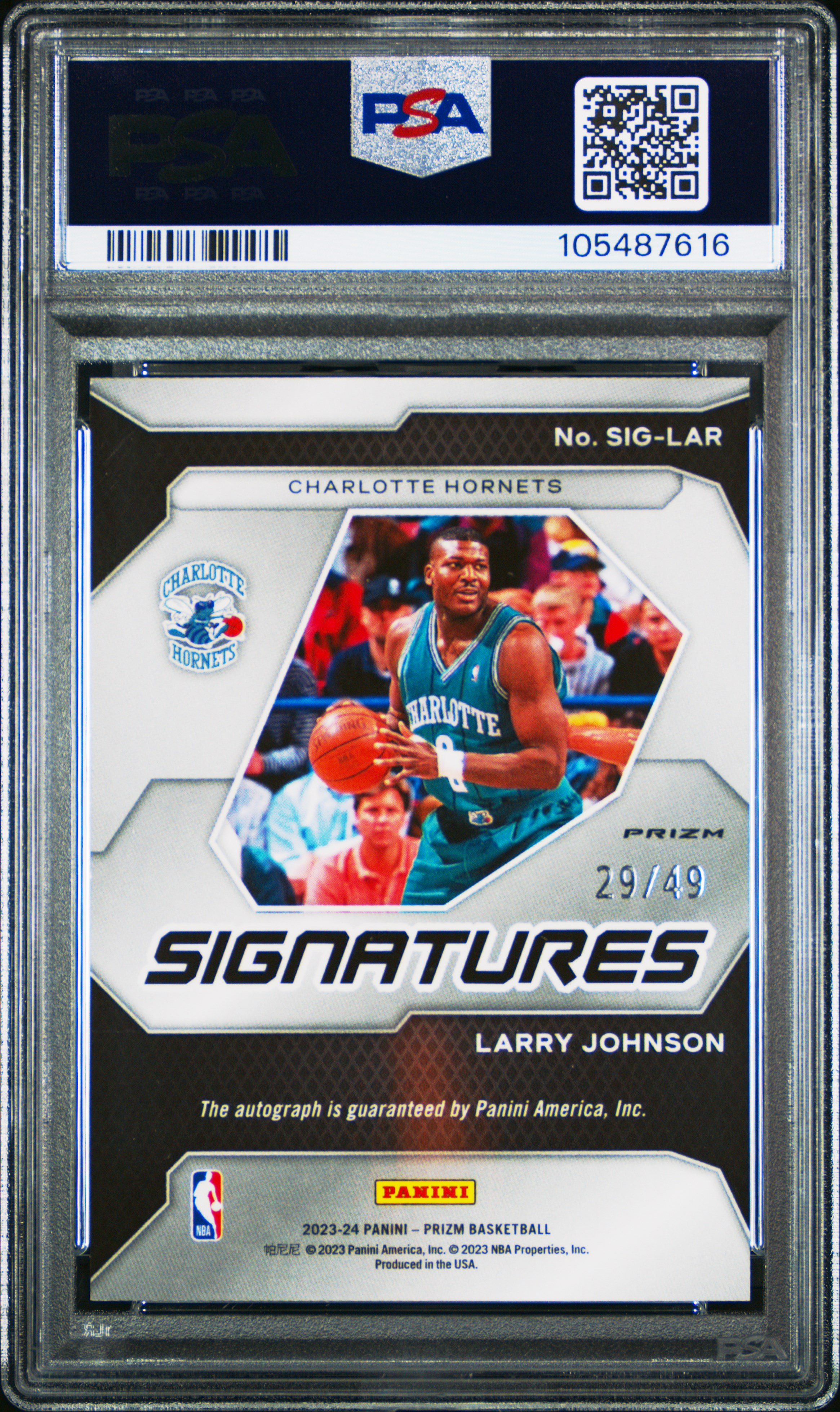 2023 Panini Prizm Signatures Larry Johnson #Siglar (Signature-Blue Choice) Mint 9 back