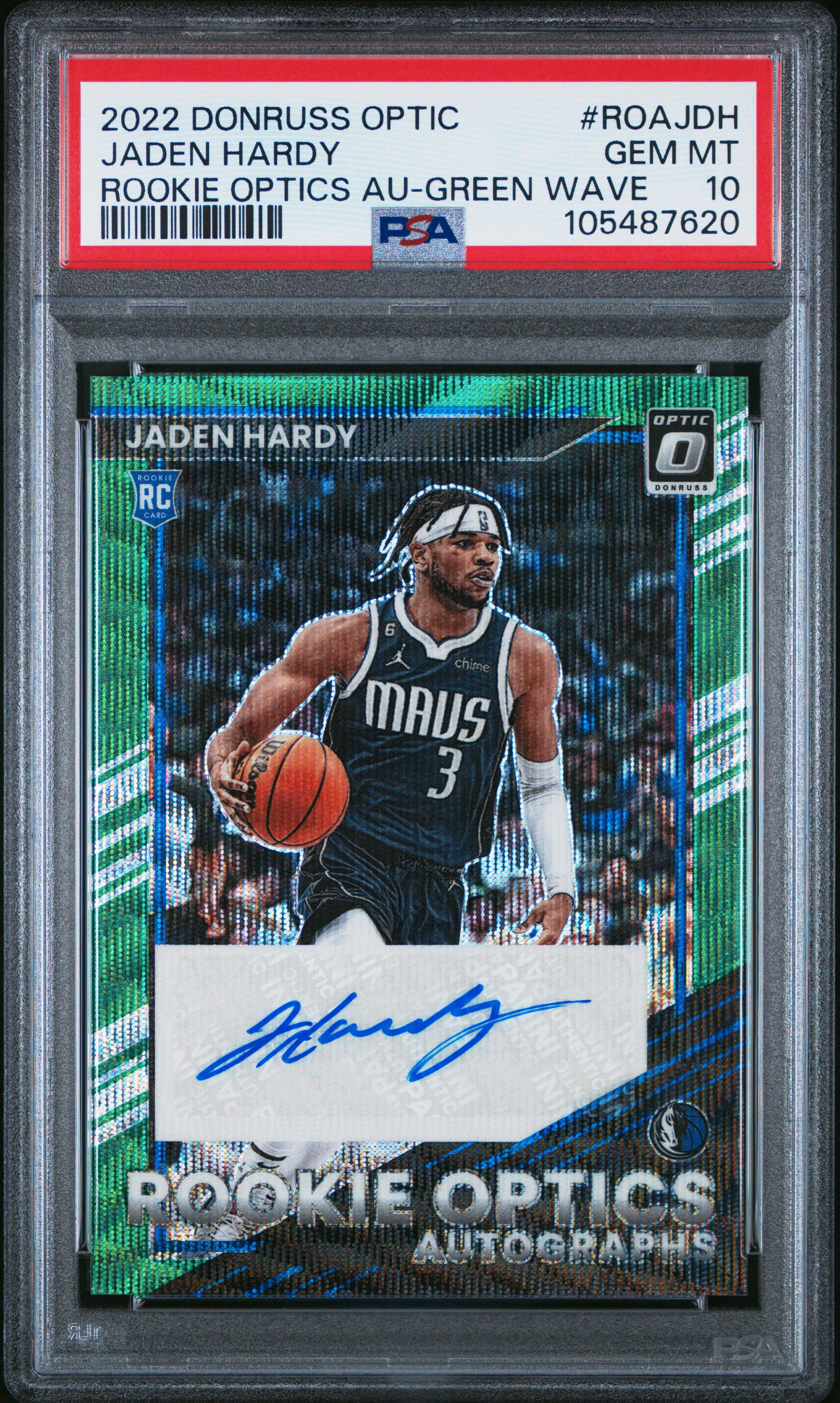 2022 Panini Donruss Optic Rookie Optics Autographs Jaden Hardy #Roajdh (Rookie Optics Au-Green Wave) Gem Mt 10 front