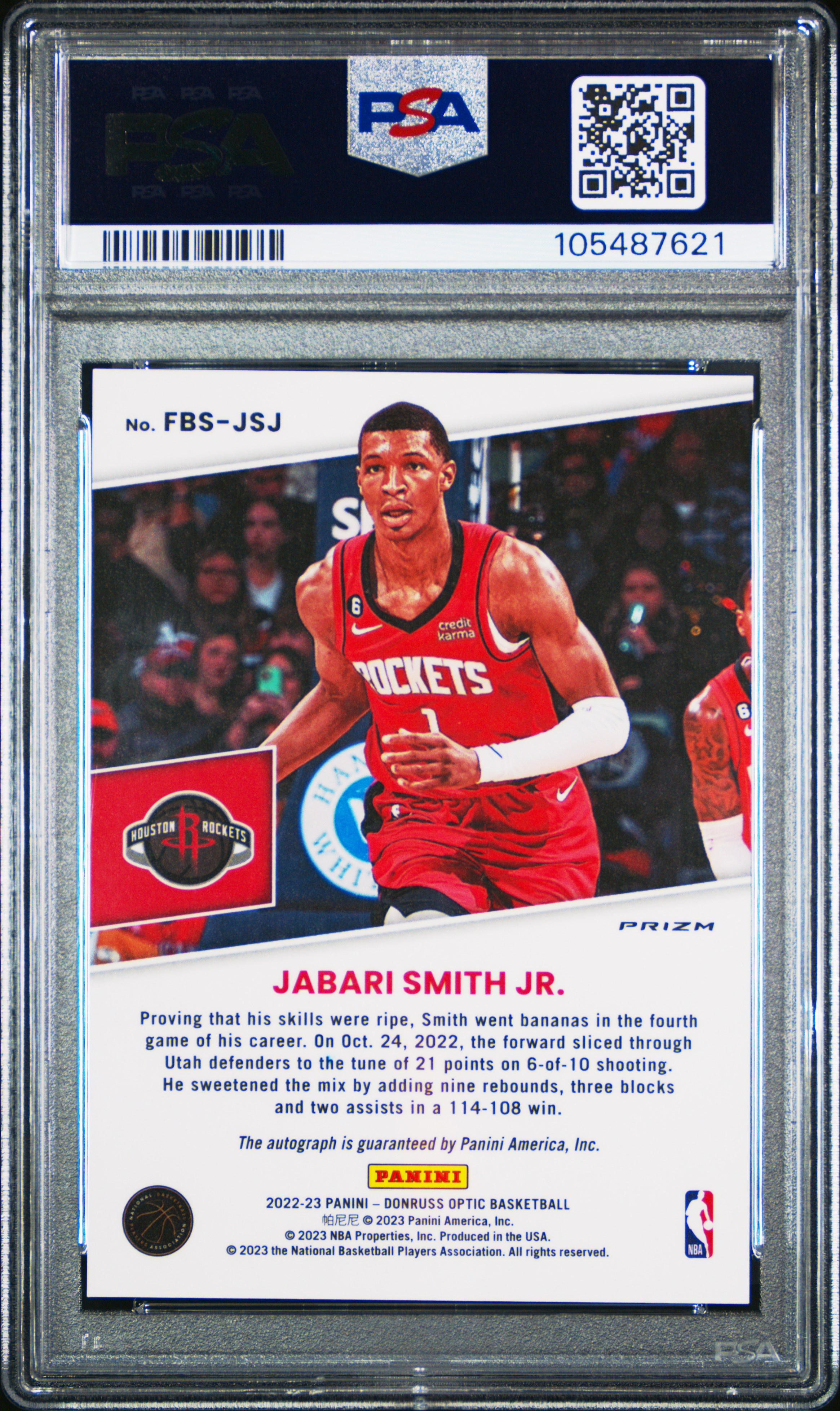 2022 Panini Donruss Optic Fast Break Signatures Jabari Smith Jr. #Fbsjsj (Fast Break Signatures) Gem Mt 10 back