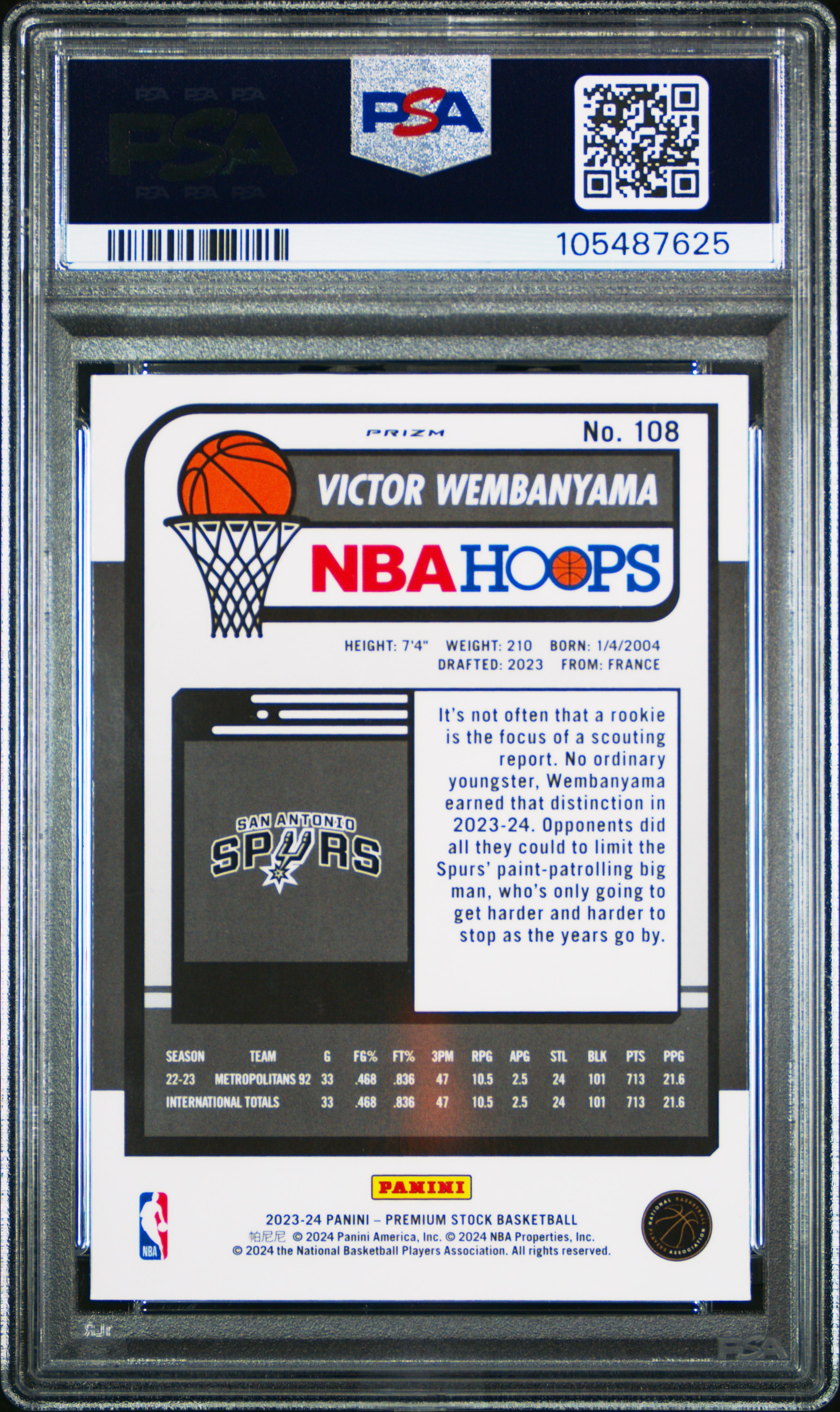 2023 Panini Hoops Premium Stock Victor Wembanyama #108 (Ice Prizm) Mint 9 back