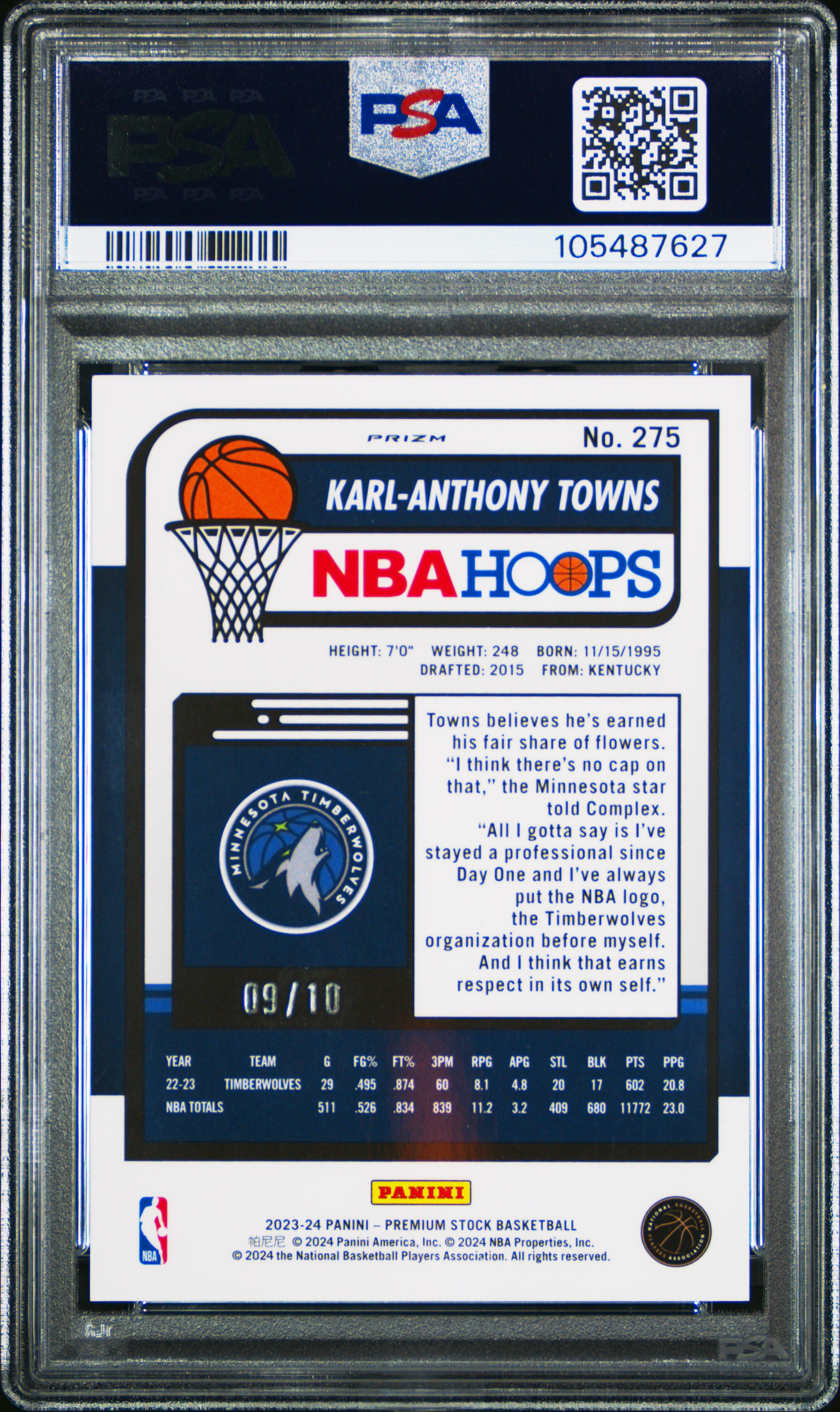 2023 Panini Hoops Premium Stock Karl-Anthony Towns #275 (Gold Ice Prizm) Mint 9 back