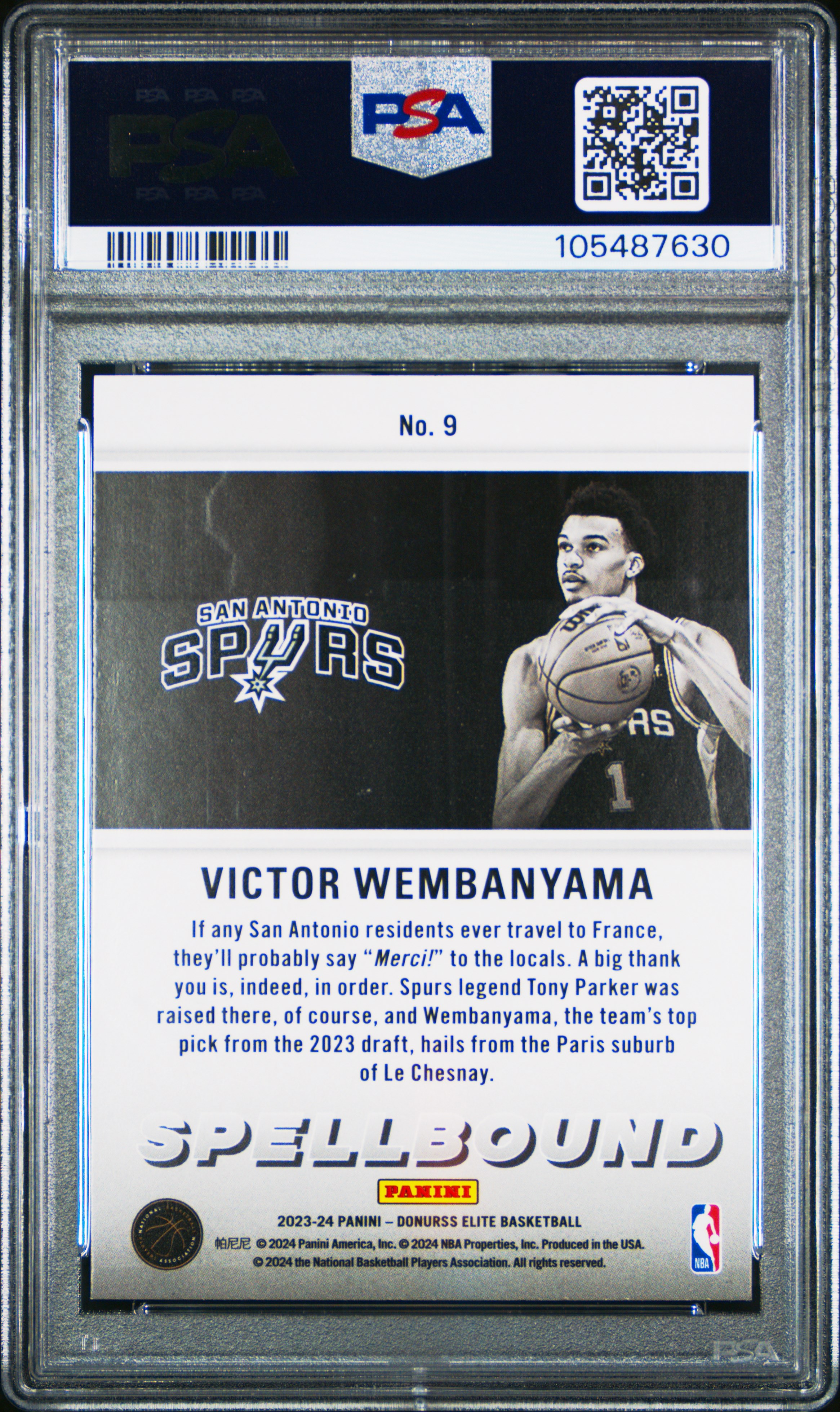 2023 Panini Donruss Elite Spellbound Victor Wembanyama #9 (Spellbound-Red & Green Intl) Gem Mt 10 back