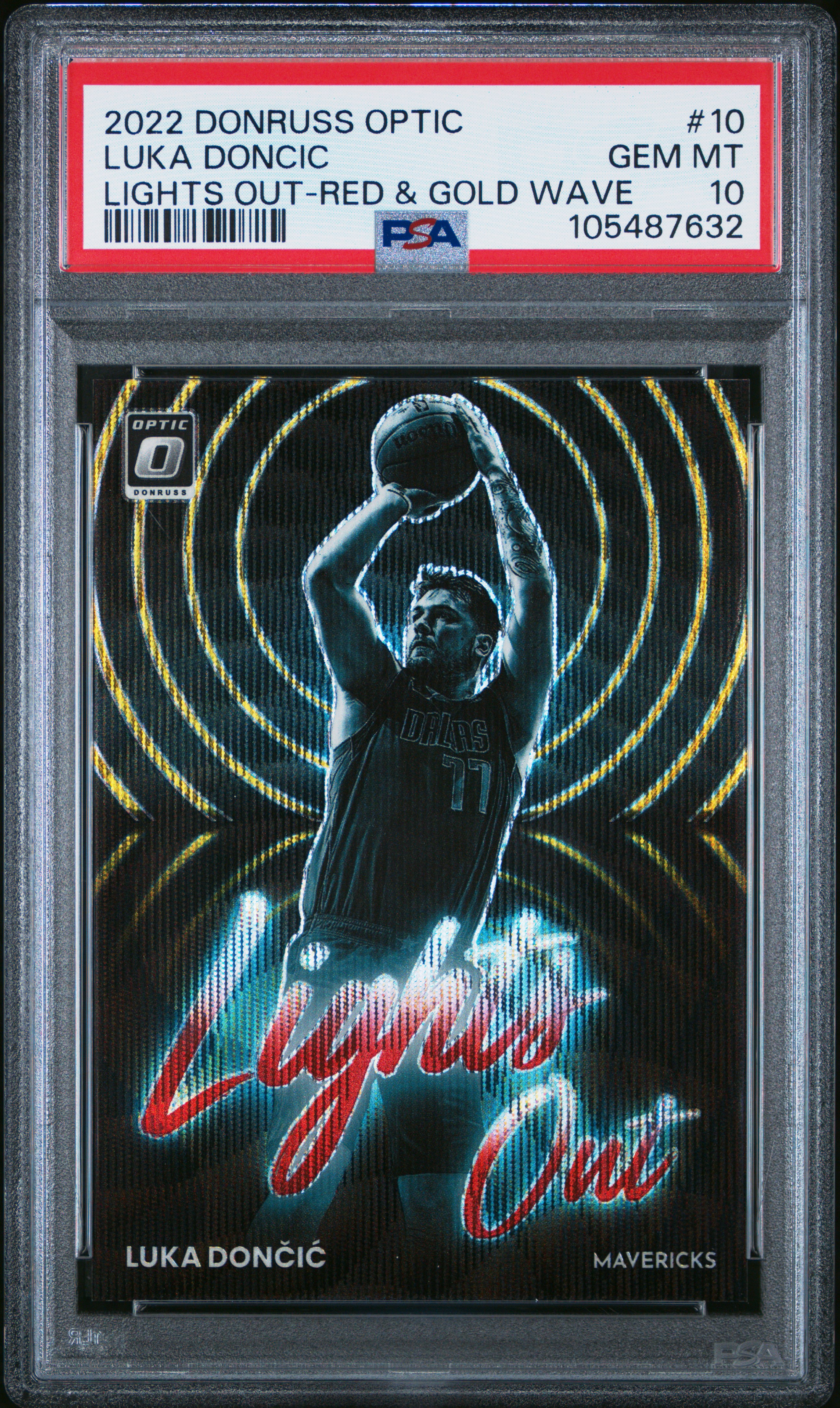 2022 Panini Donruss Optic Lights Out Luka Doncic #10 (Lights Out-Red & Gold Wave) Gem Mt 10 front