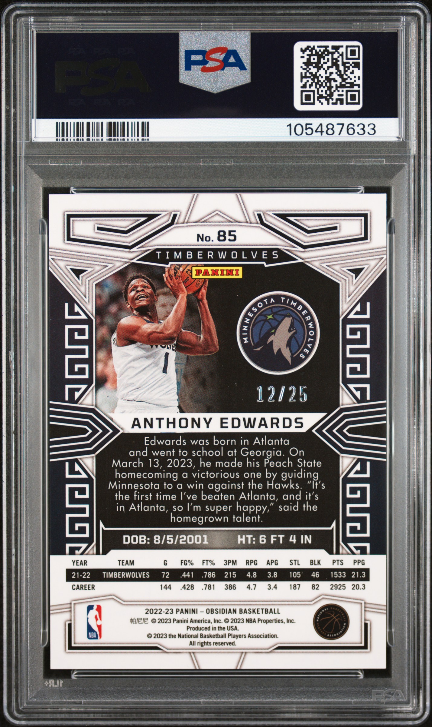 2022 Panini Obsidian Anthony Edwards #85 (Electric Etch Green Flood) Gem Mt 10 back