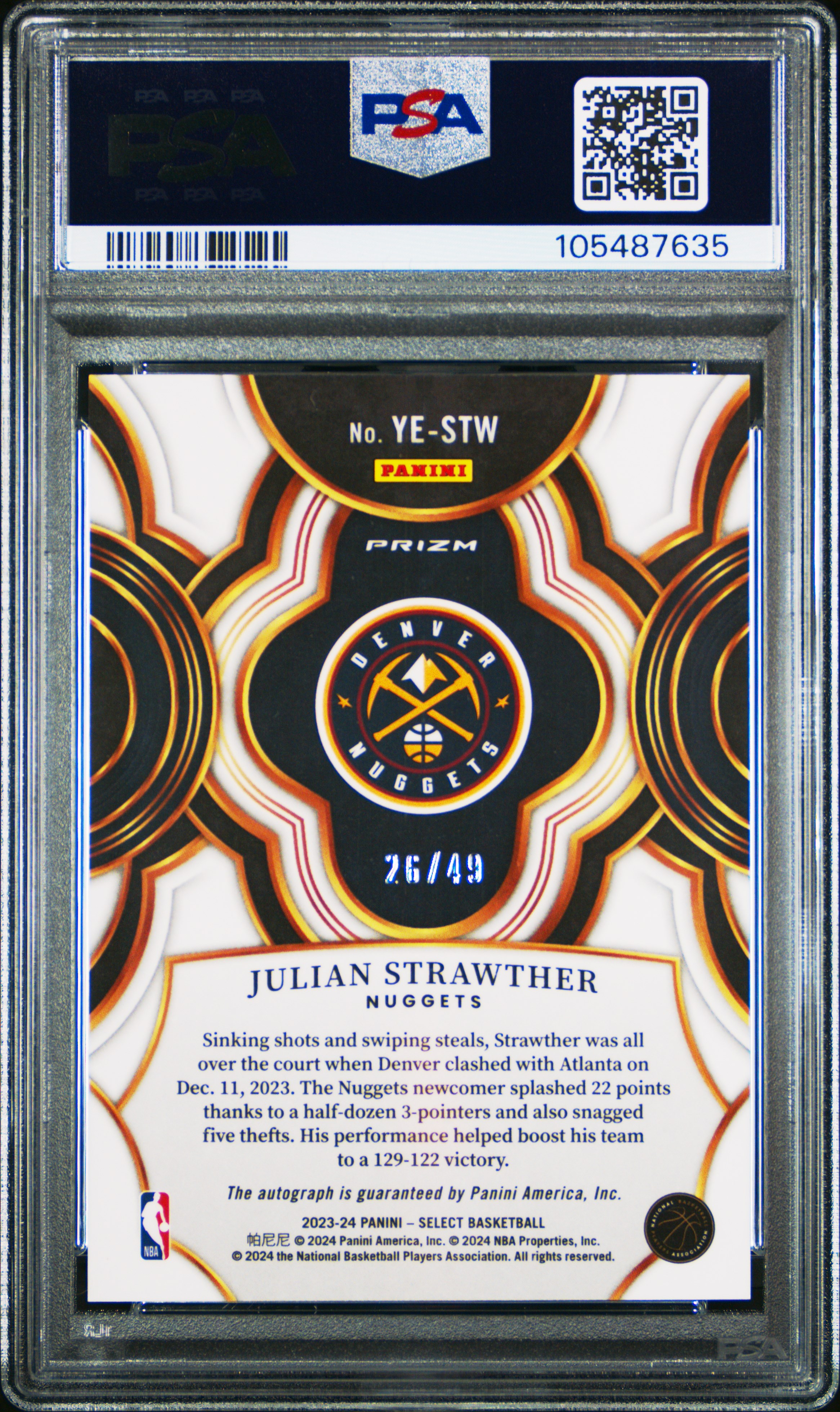 2023 Panini Select Youth Explosion Signatures Julian Strawther #Yestw (Ye Sig-Red Flash Prizm) Gem Mt 10 back