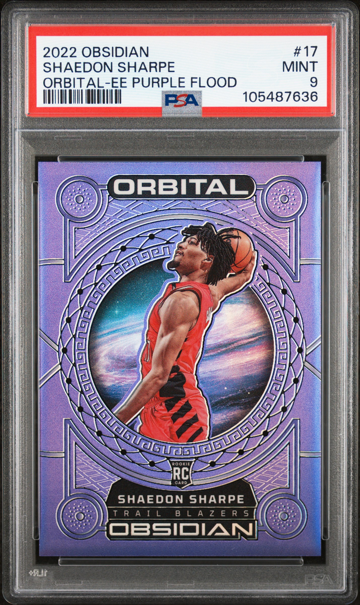 2022 Panini Obsidian Orbital Shaedon Sharpe #17 (Orbital-Ee Purple Flood) Mint 9 front