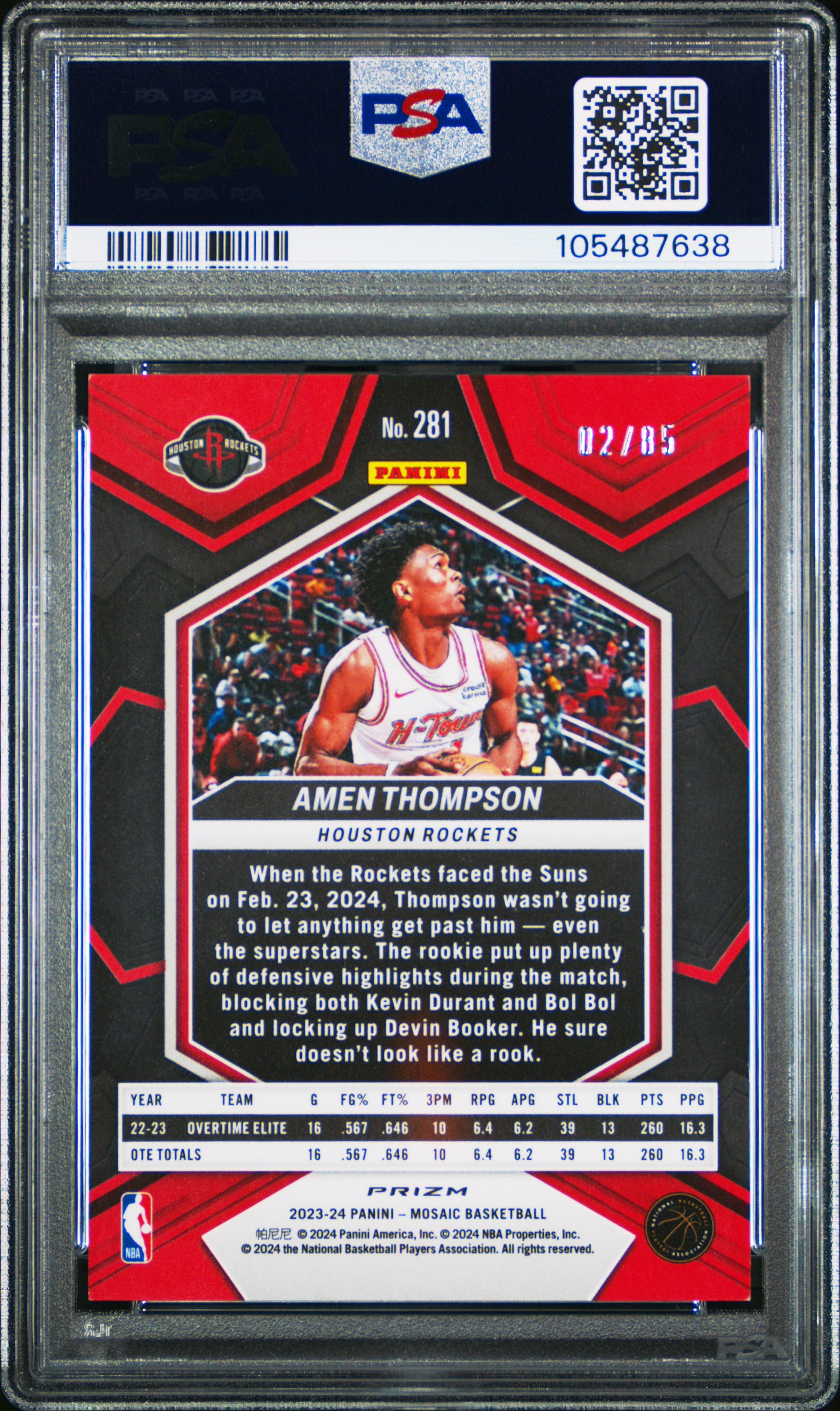 2023 Panini Mosaic Amen Thompson #281 (Blue Fast Break) Mint 9 back