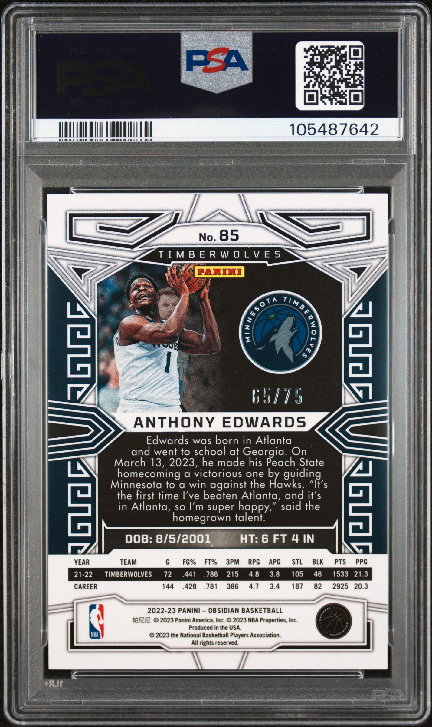 2022 Panini Obsidian Anthony Edwards #85 (Ee Red/Yellow/Green Flood) Gem Mt 10 back