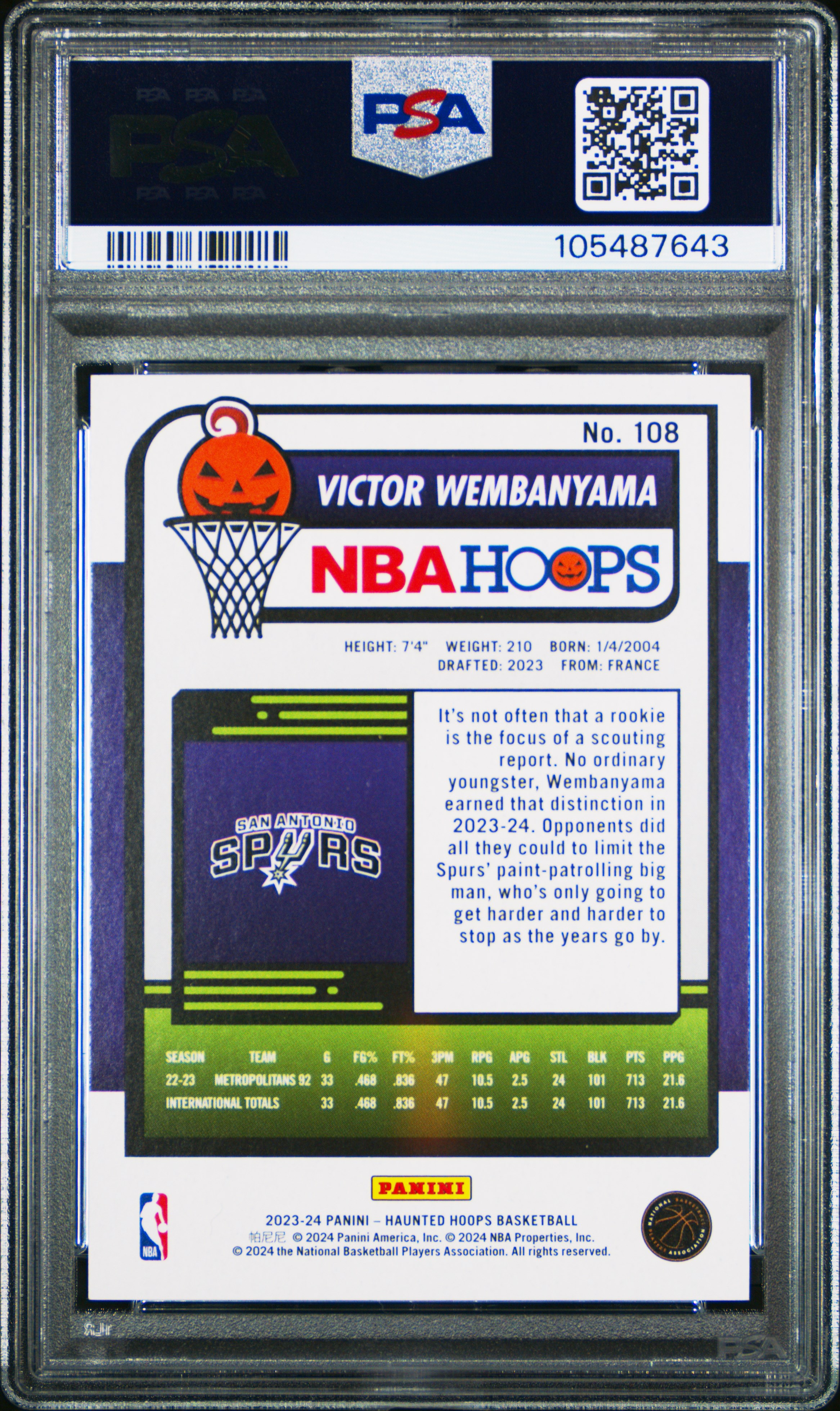 2023 Panini Haunted Hoops Victor Wembanyama #108 Gem Mt 10 back