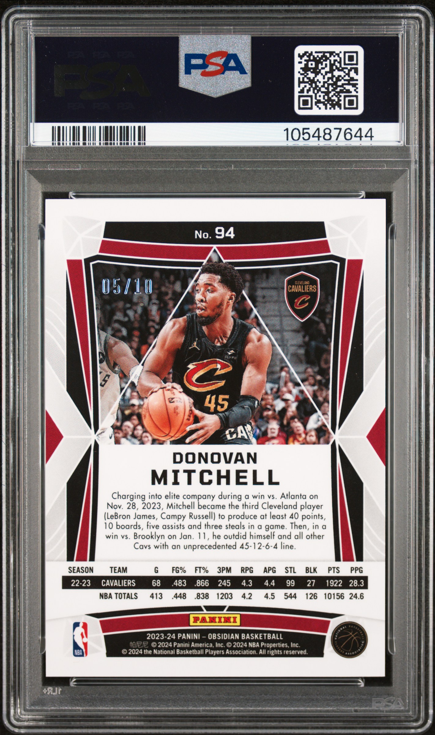 2023 Panini Obsidian Donovan Mitchell #94 (Electric Etch Gold Flood) Mint 9 back