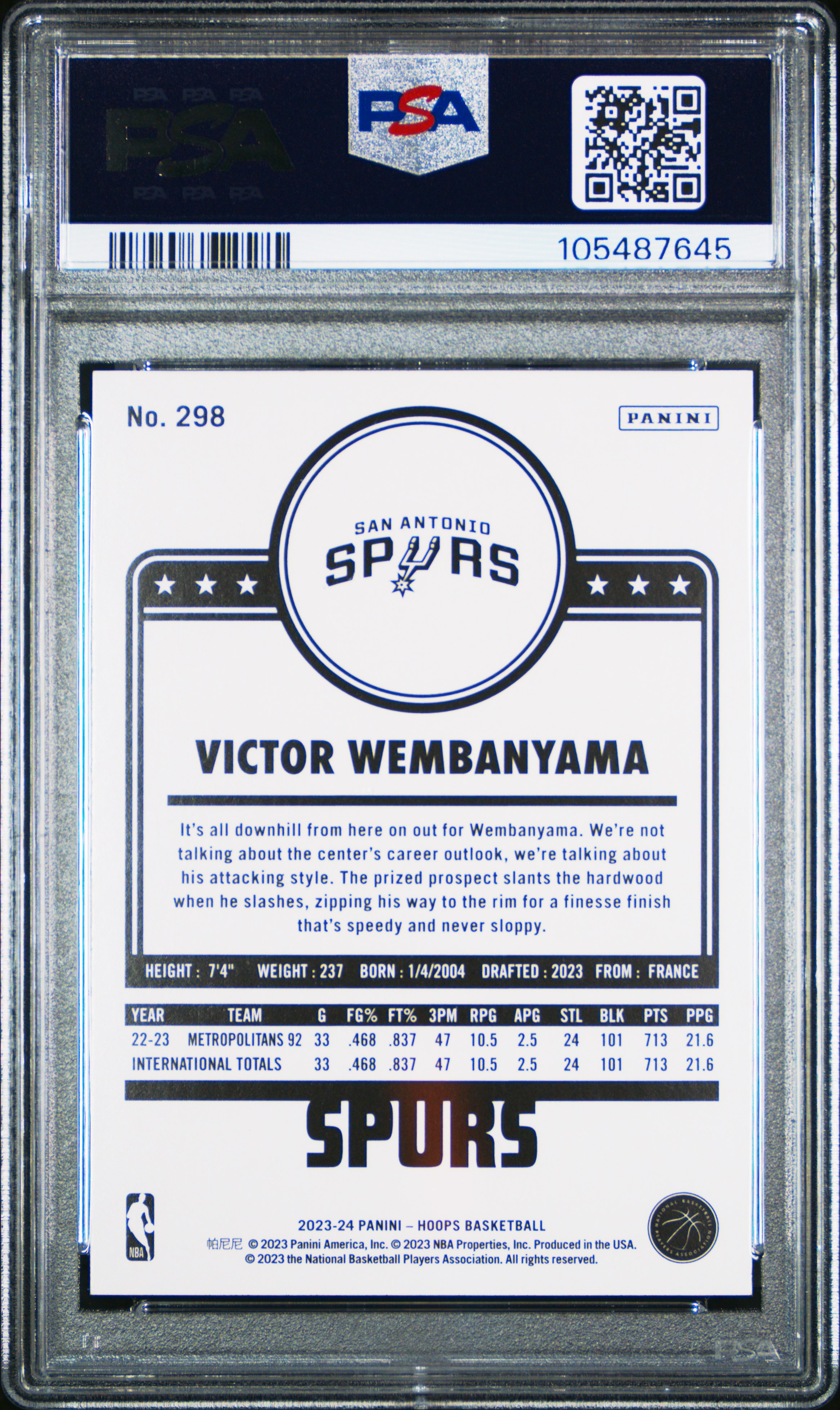 2023 Panini Nba Hoops Victor Wembanyama #298 (Winter) Mint 9 back