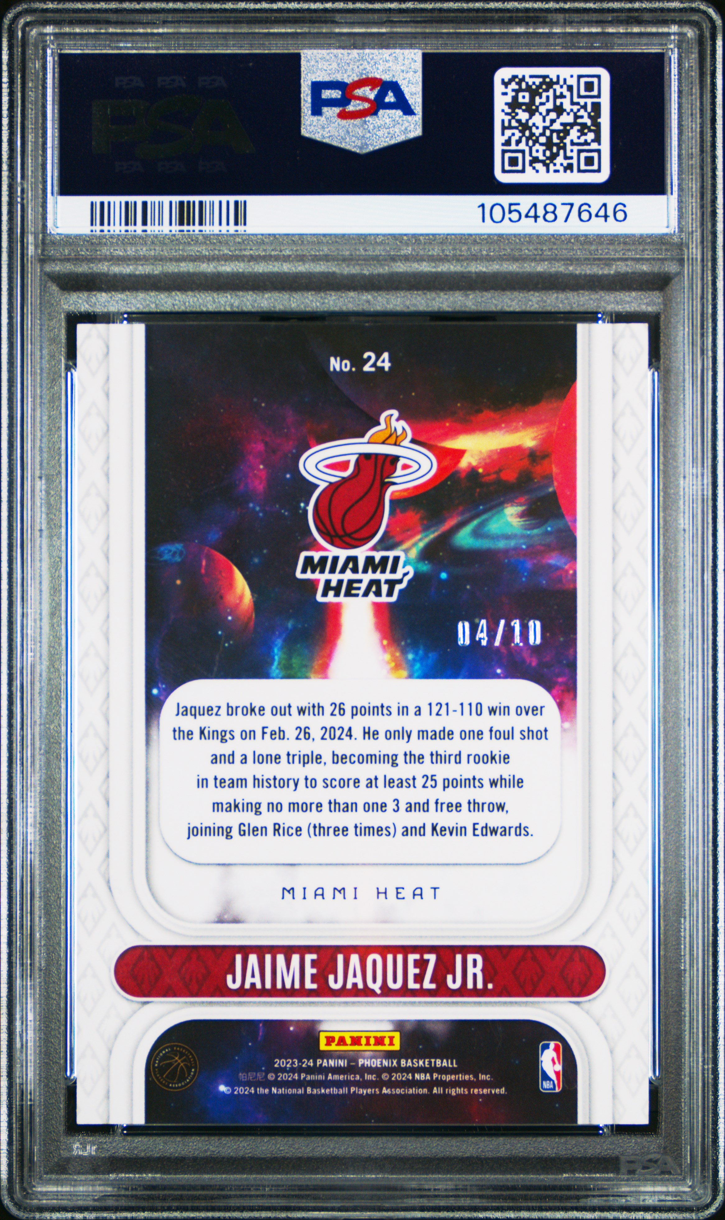 2023 Panini Phoenix Rookie Rising Jaime Jaquez Jr. #24 (Rookie Rising-Gold Intl) Gem Mt 10 back