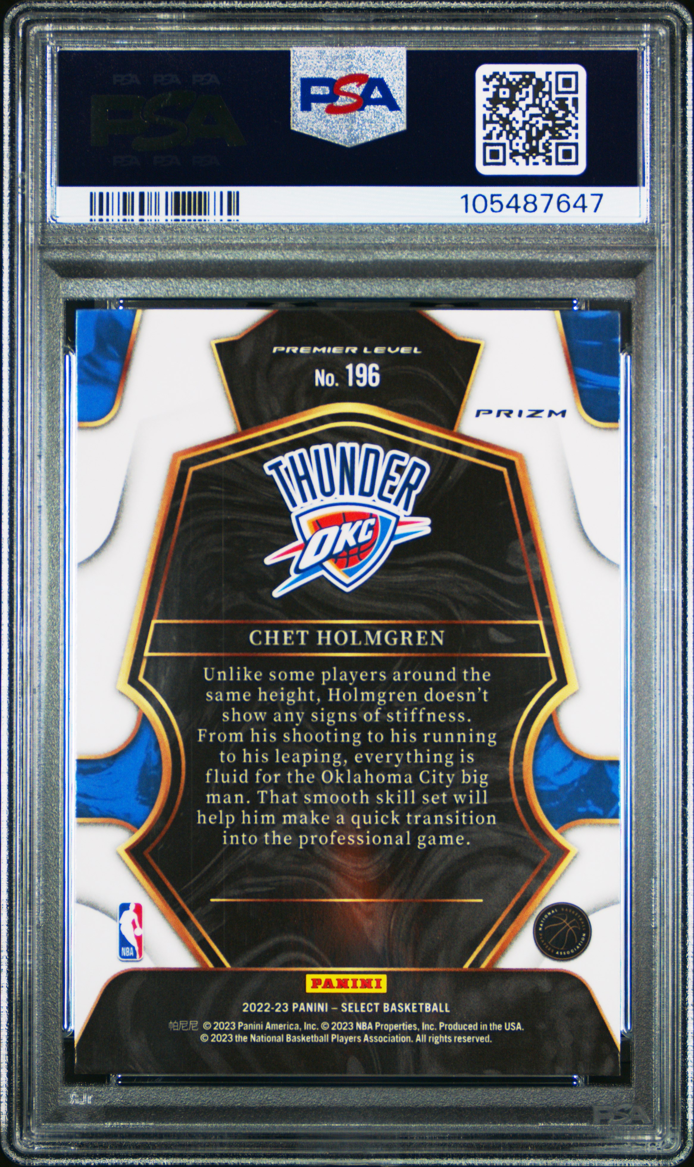 2022 Panini Select Chet Holmgren #196 (Red Wave) Gem Mt 10 back