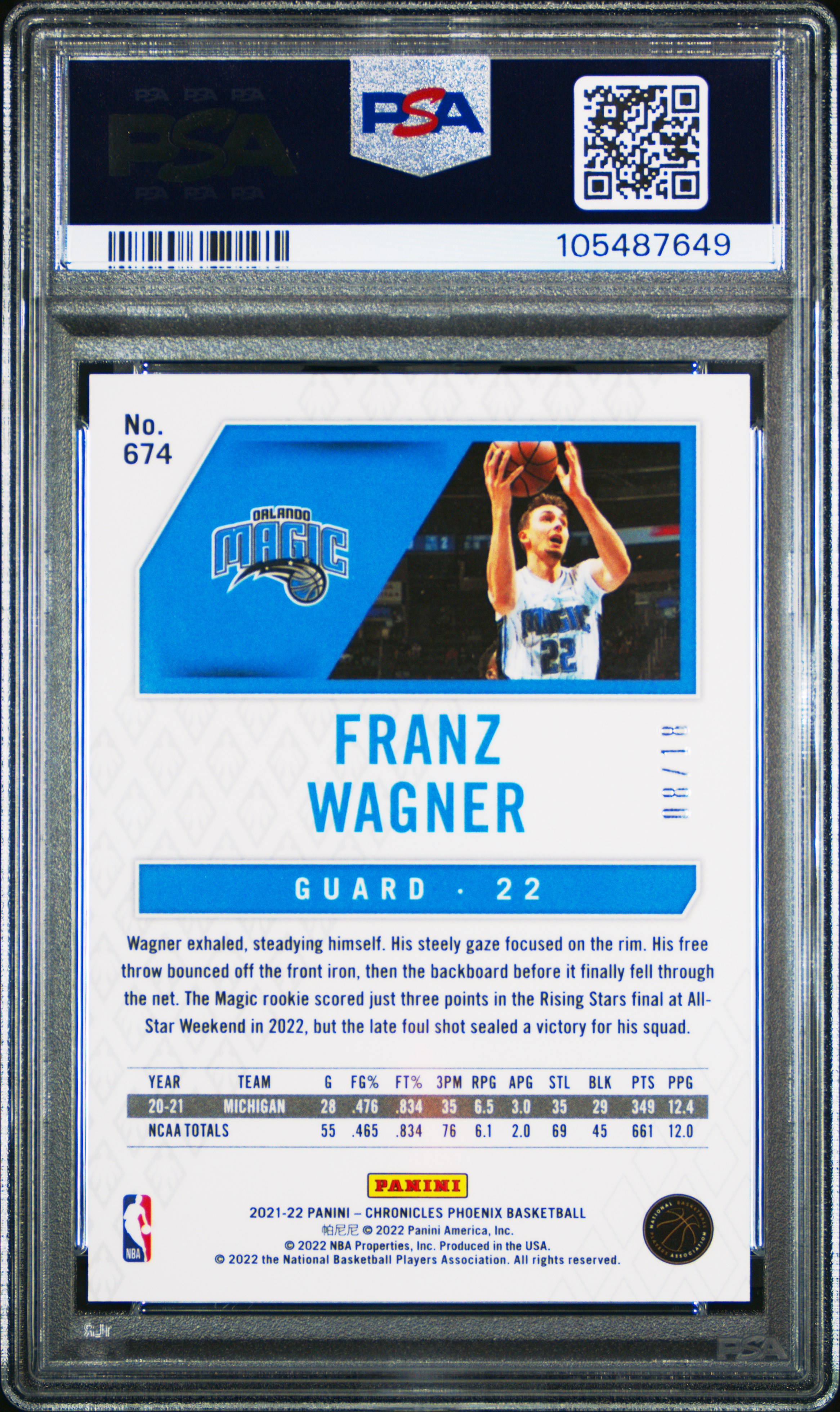 2021 Panini Chronicles Franz Wagner #674 (Asia Gold) Gem Mt 10 back