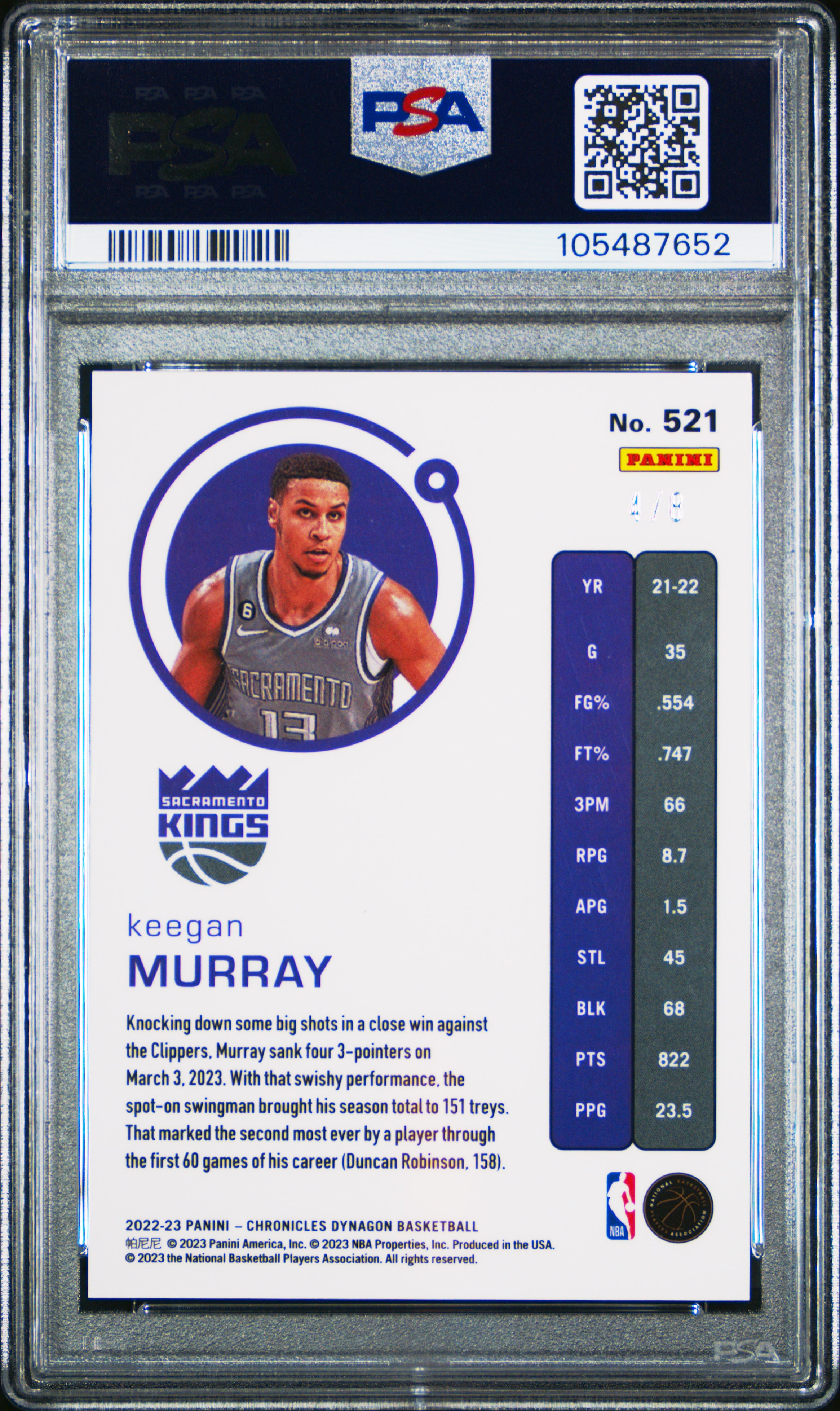 2022 Panini Chronicles Keegan Murray #521 (Asia Lucky Envelopes) Mint 9 back