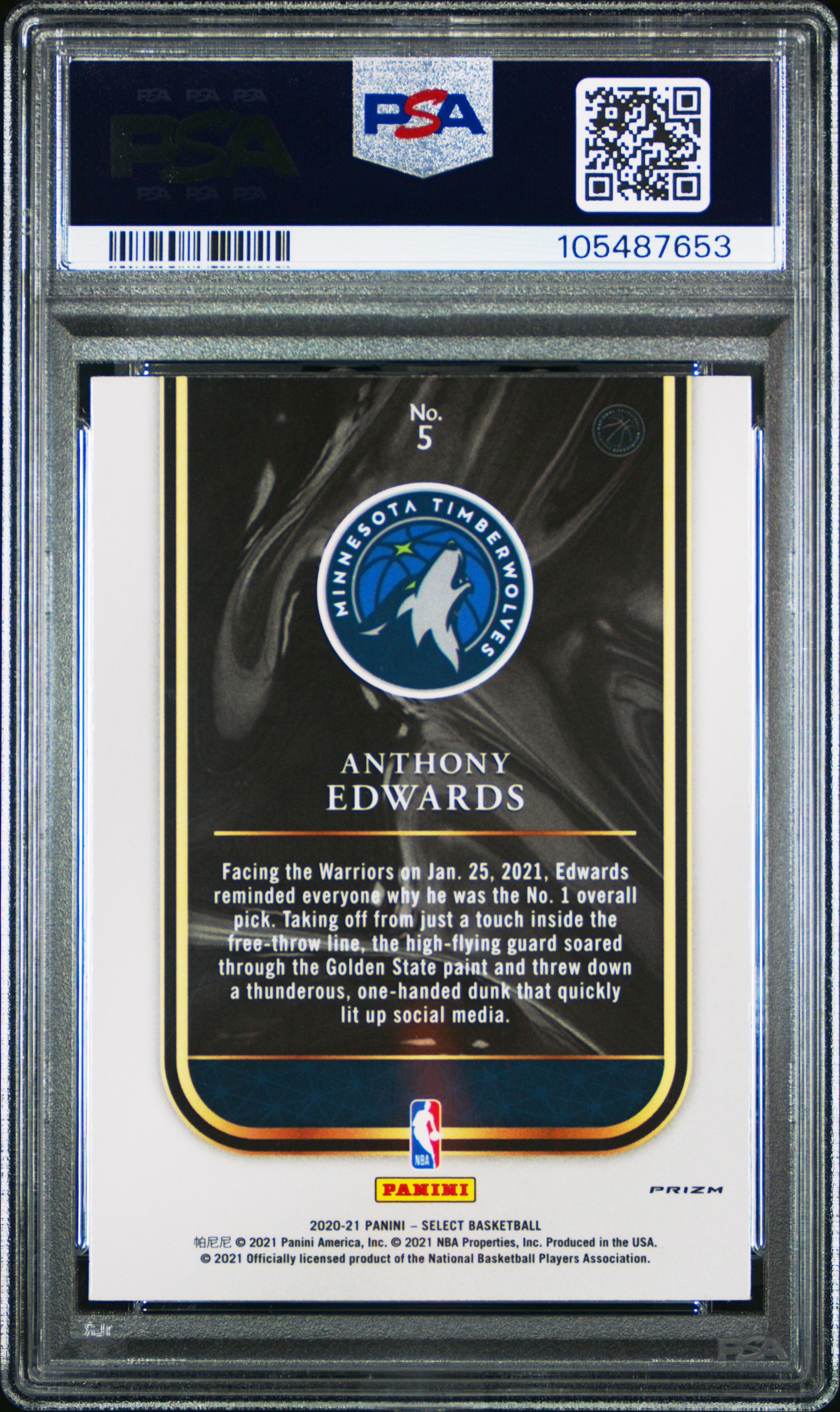 2020 Panini Select Rookie Selections Anthony Edwards #5 (Rookie Selections-Blue) Gem Mt 10 back