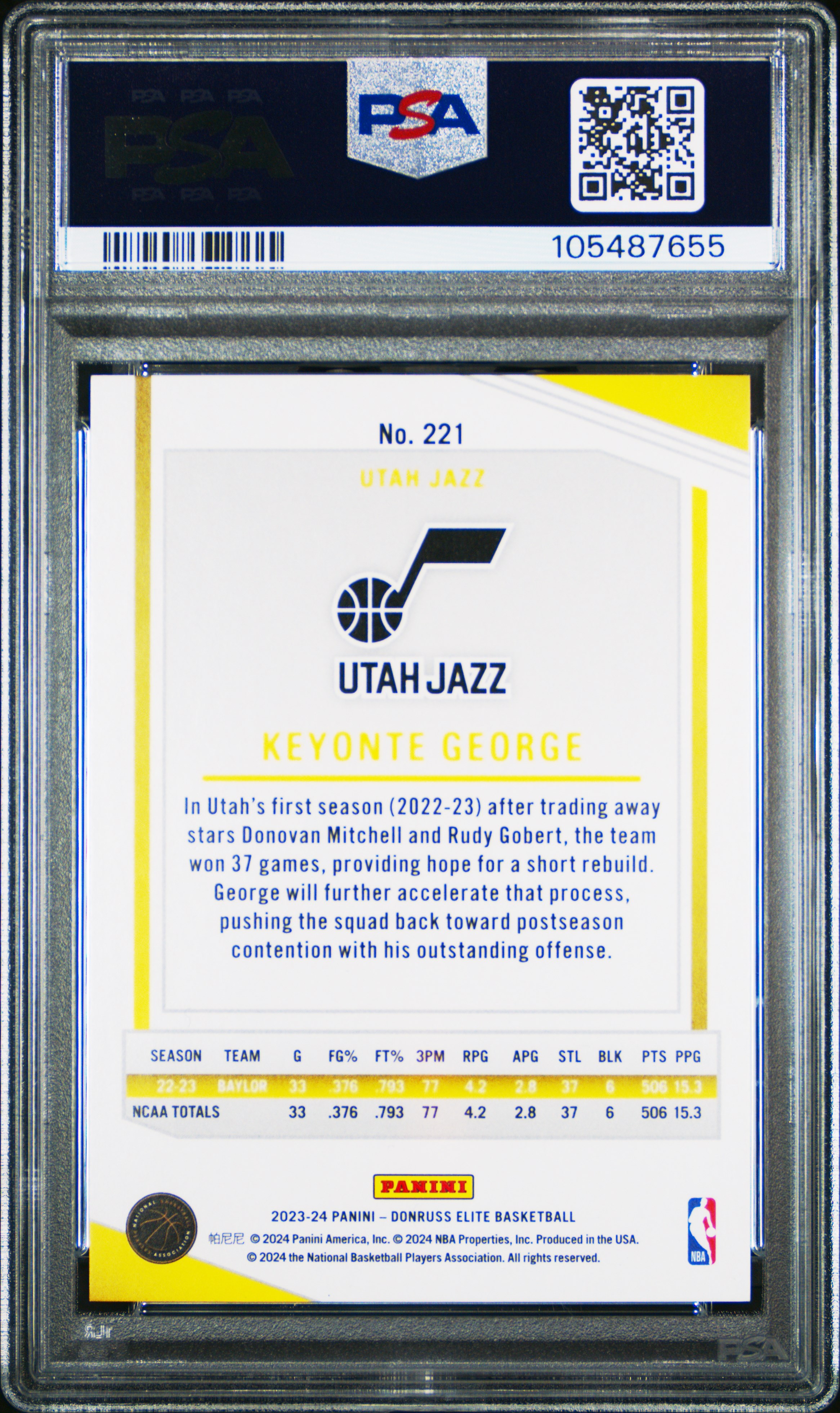 2023 Panini Donruss Elite Keyonte George #221 (Hyper Gold International) Gem Mt 10 back