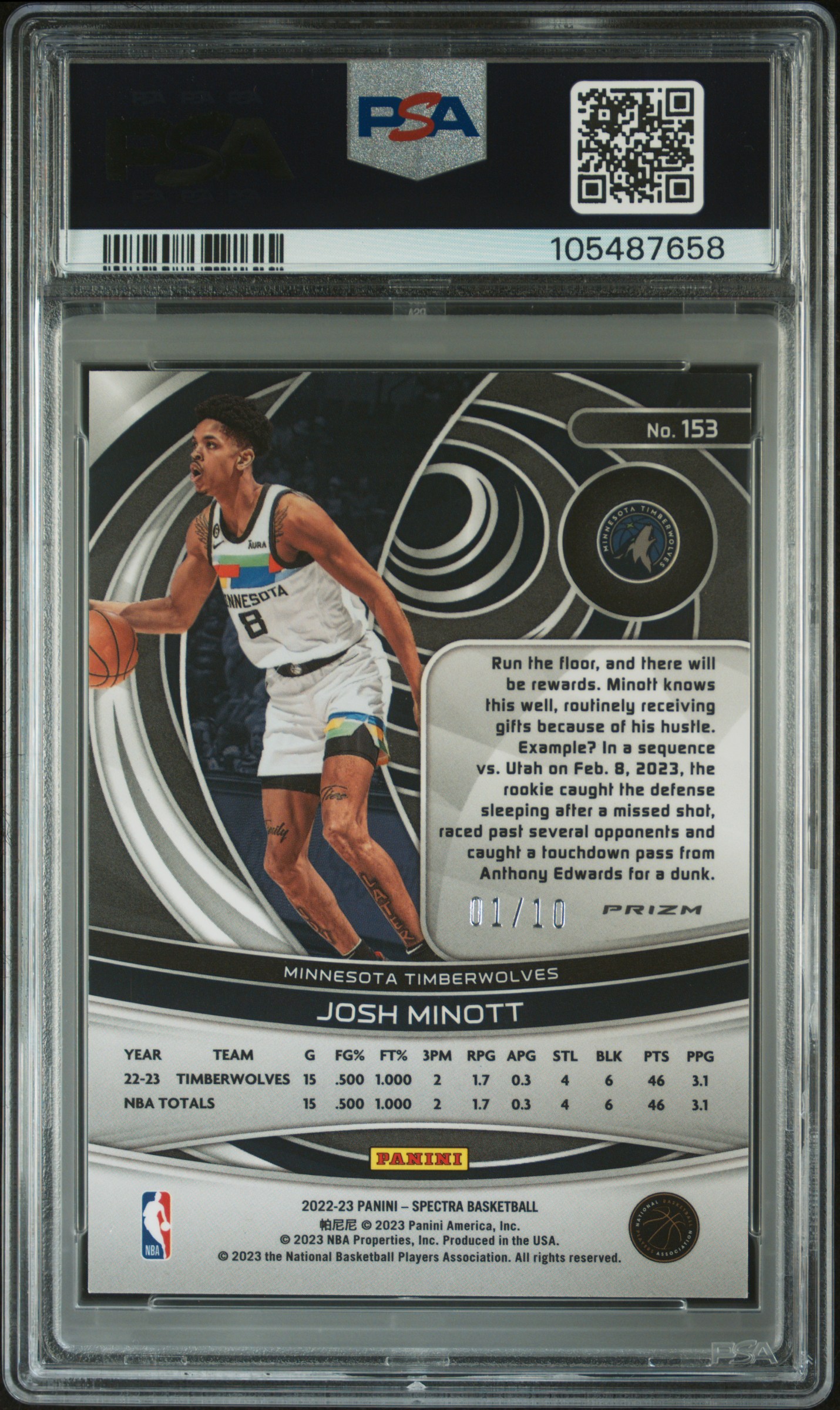 2022 Panini Spectra Josh Minott #153 (Asia Gold) Mint 9 back