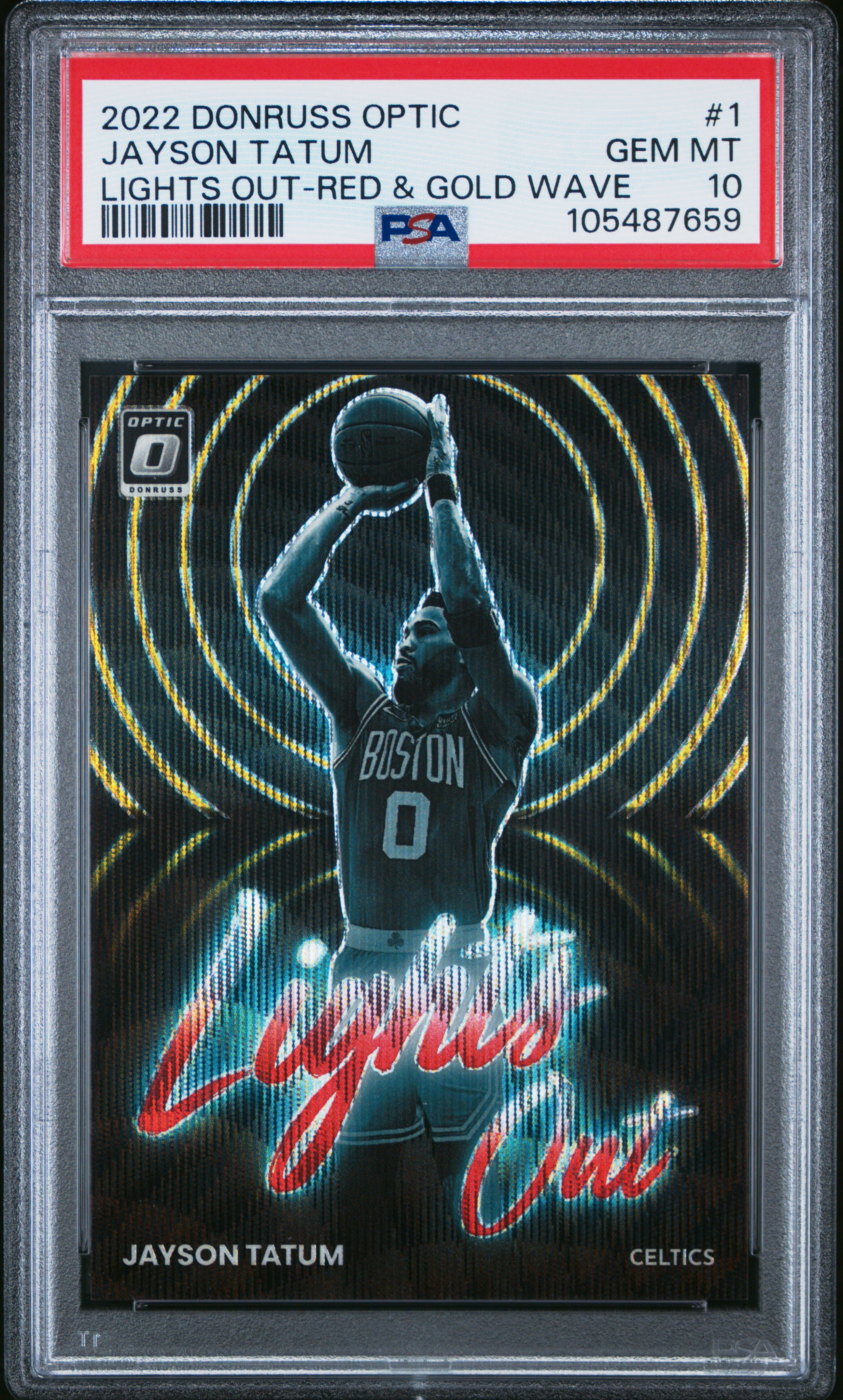 2022 Panini Donruss Optic Lights Out Jayson Tatum #1 (Lights Out-Red & Gold Wave) Gem Mt 10 front
