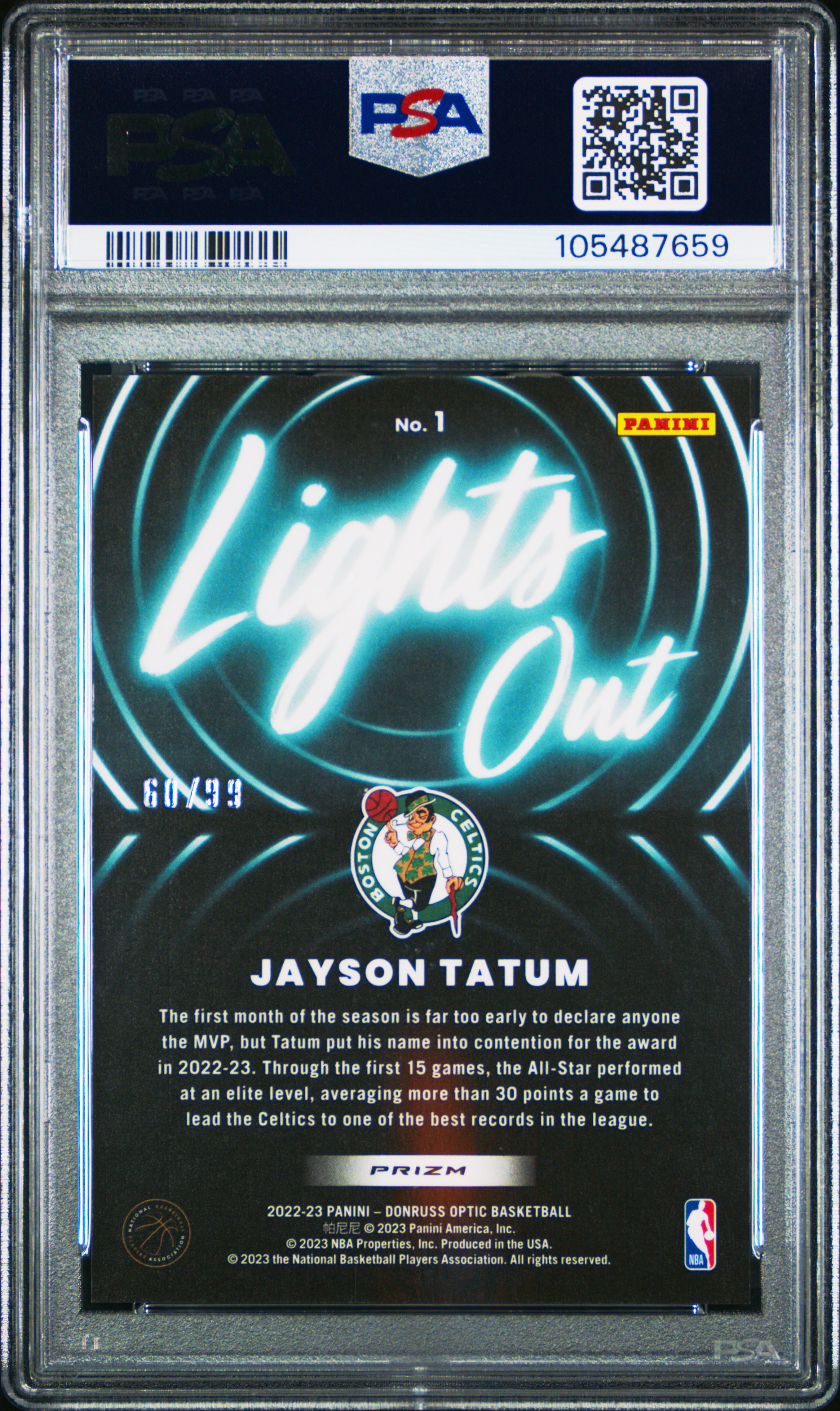 2022 Panini Donruss Optic Lights Out Jayson Tatum #1 (Lights Out-Red & Gold Wave) Gem Mt 10 back