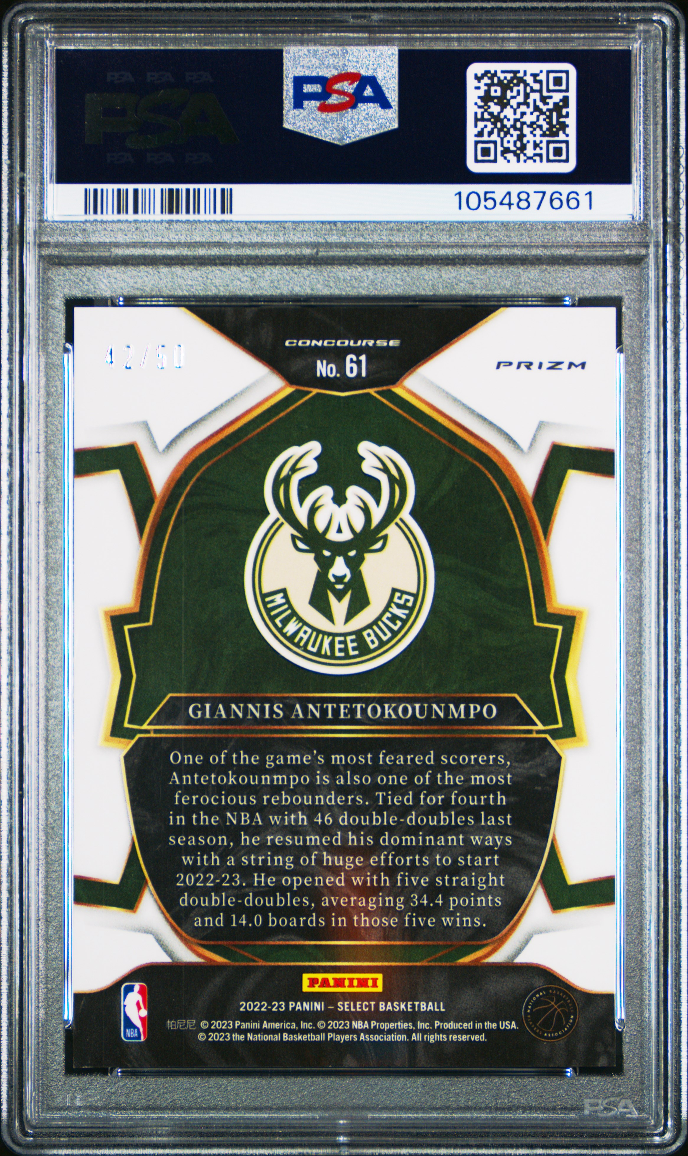 2022 Panini Select Giannis Antetokounmpo #61 (Green Wave) Gem Mt 10 back