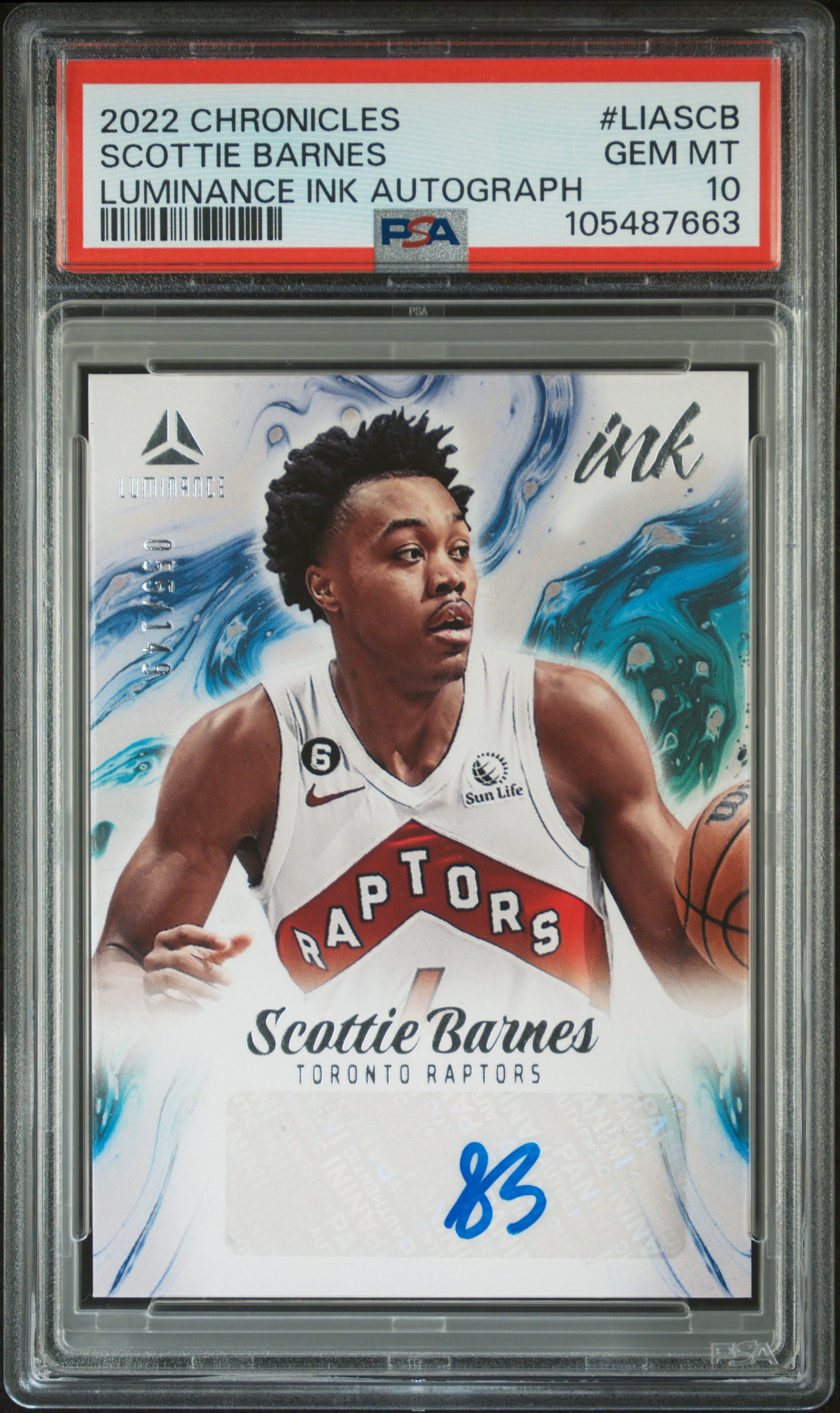 2022 Panini Chronicles Luminance Ink Autographs Scottie Barnes #Liascb Gem Mt 10 front