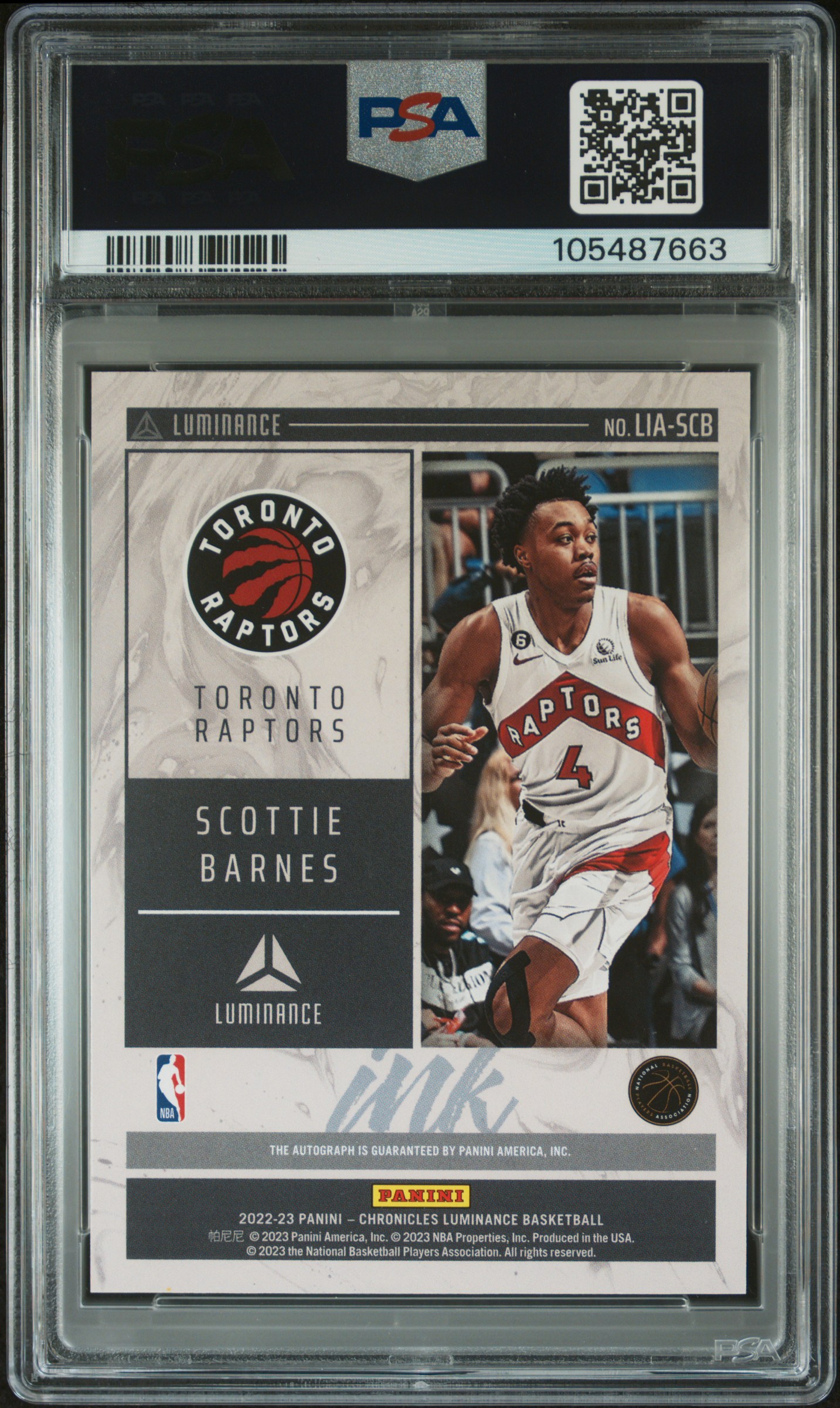 2022 Panini Chronicles Luminance Ink Autographs Scottie Barnes #Liascb Gem Mt 10 back