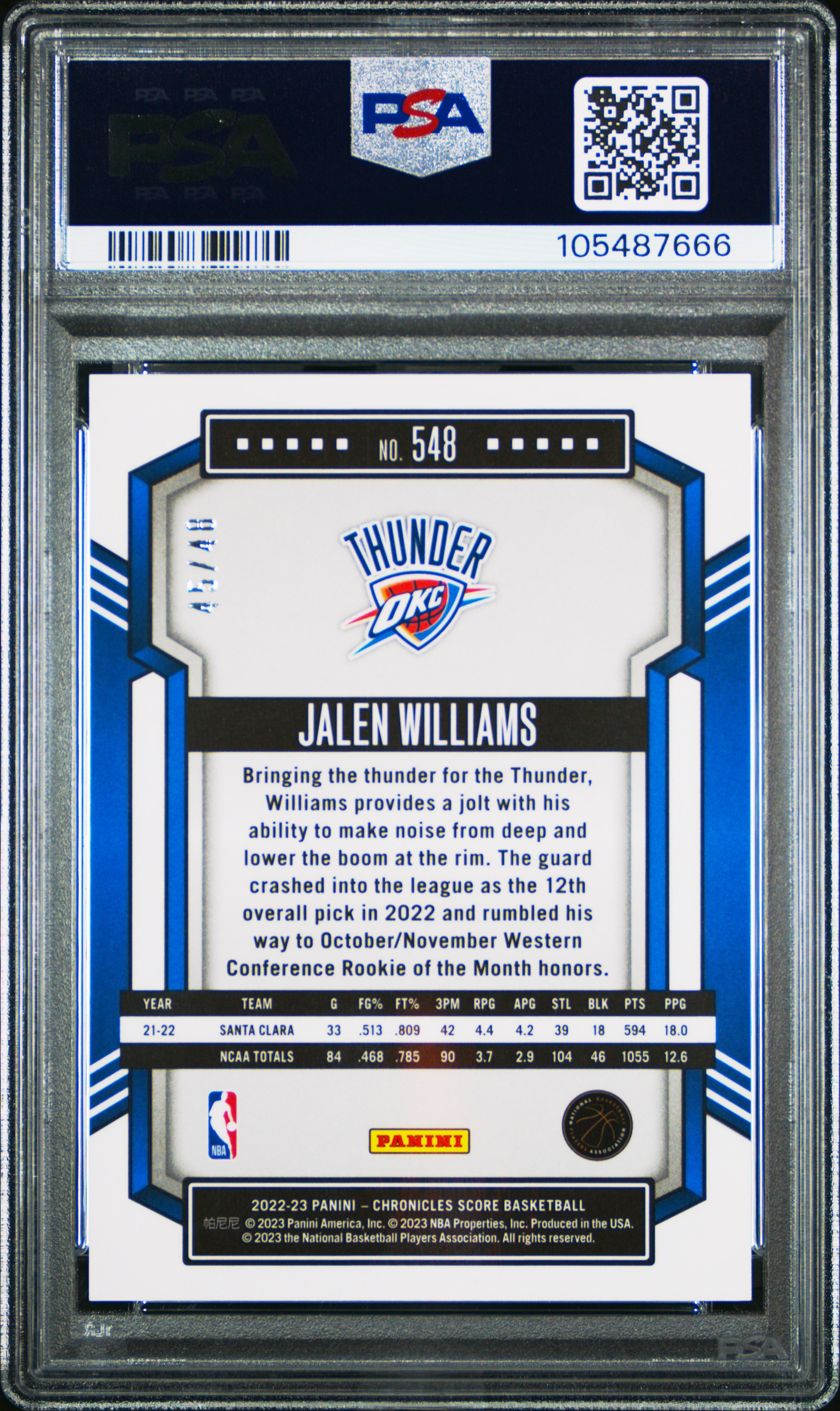 2022 Panini Chronicles Jalen Williams #548 (Asia Red) Gem Mt 10 back