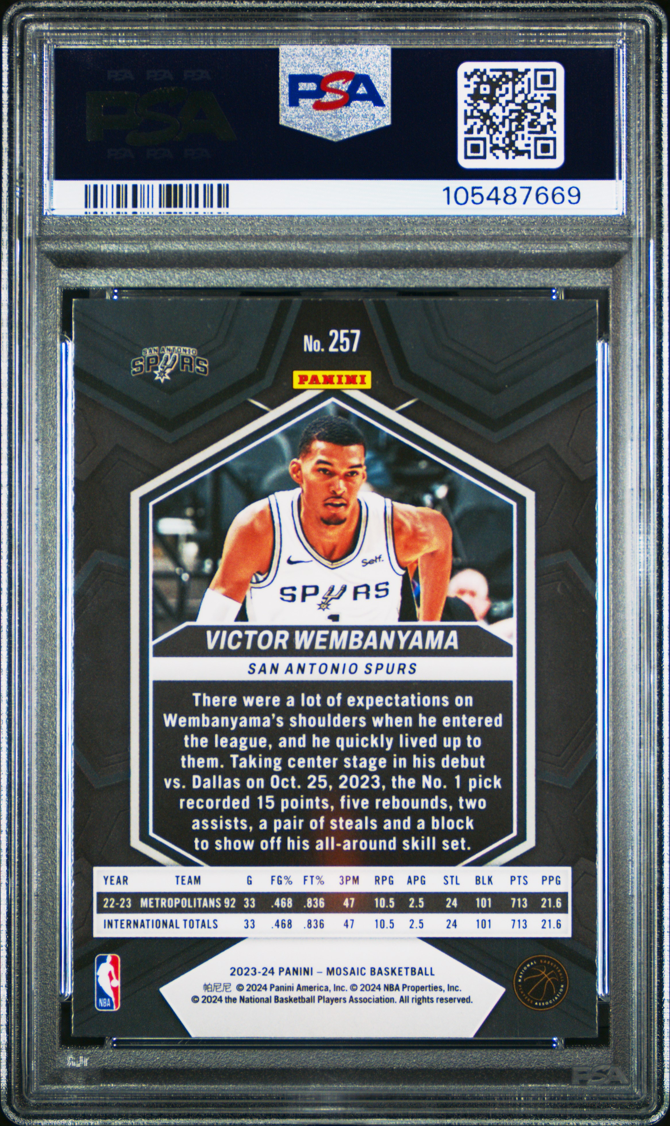 2023 Panini Mosaic Victor Wembanyama #257 Gem Mt 10 back