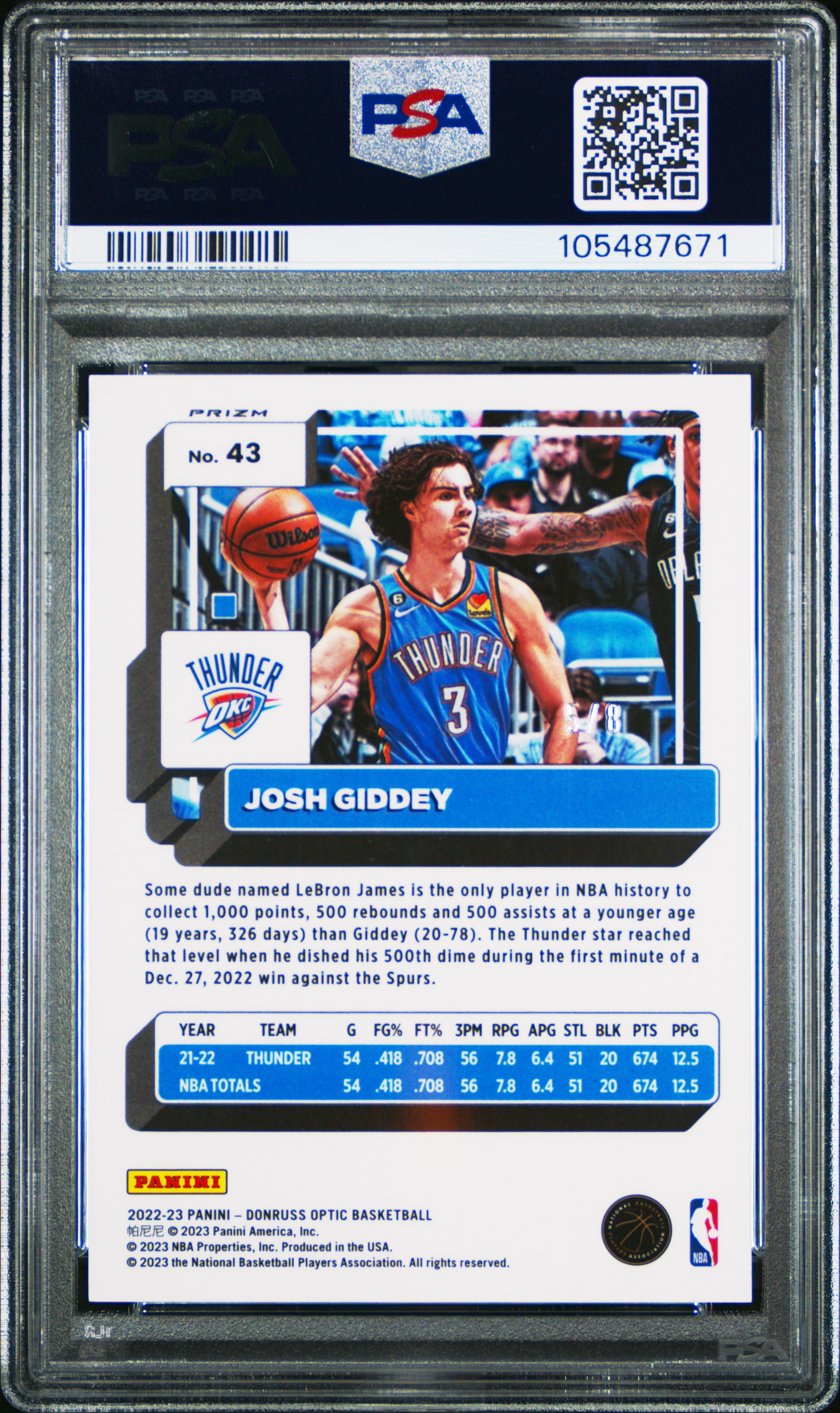 2022 Panini Donruss Optic Josh Giddey #43 (Lucky Envelopes) Gem Mt 10 back
