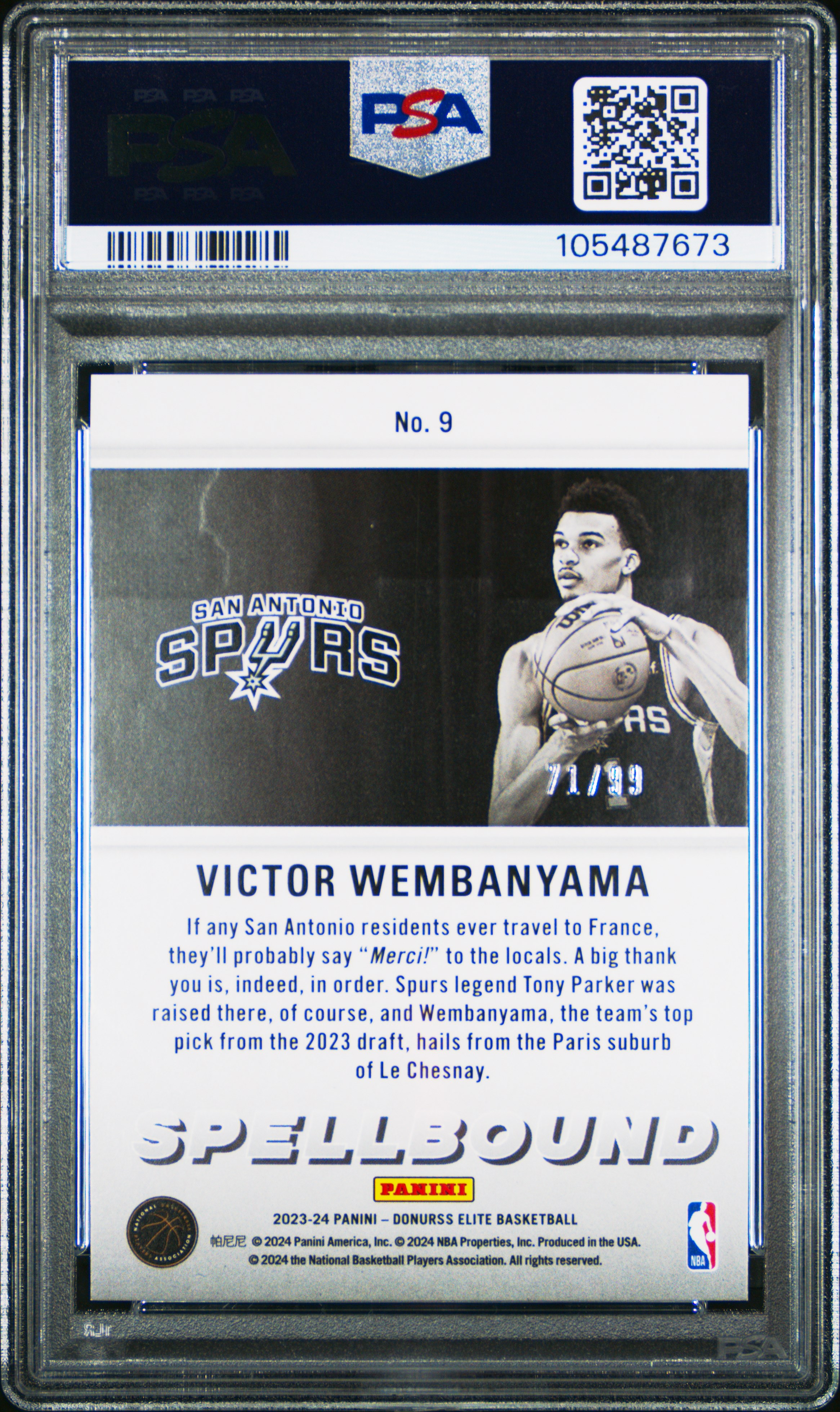 2023 Panini Donruss Elite Spellbound Victor Wembanyama #9 (Spellbound-Blue) Gem Mt 10 back