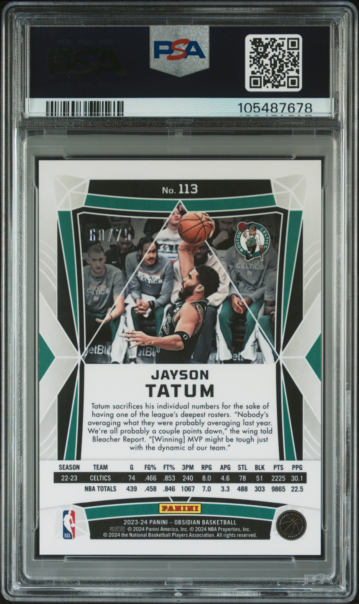 2023 Panini Obsidian Jayson Tatum #113 (Electric Etch Reggae Flood) Mint 9 back