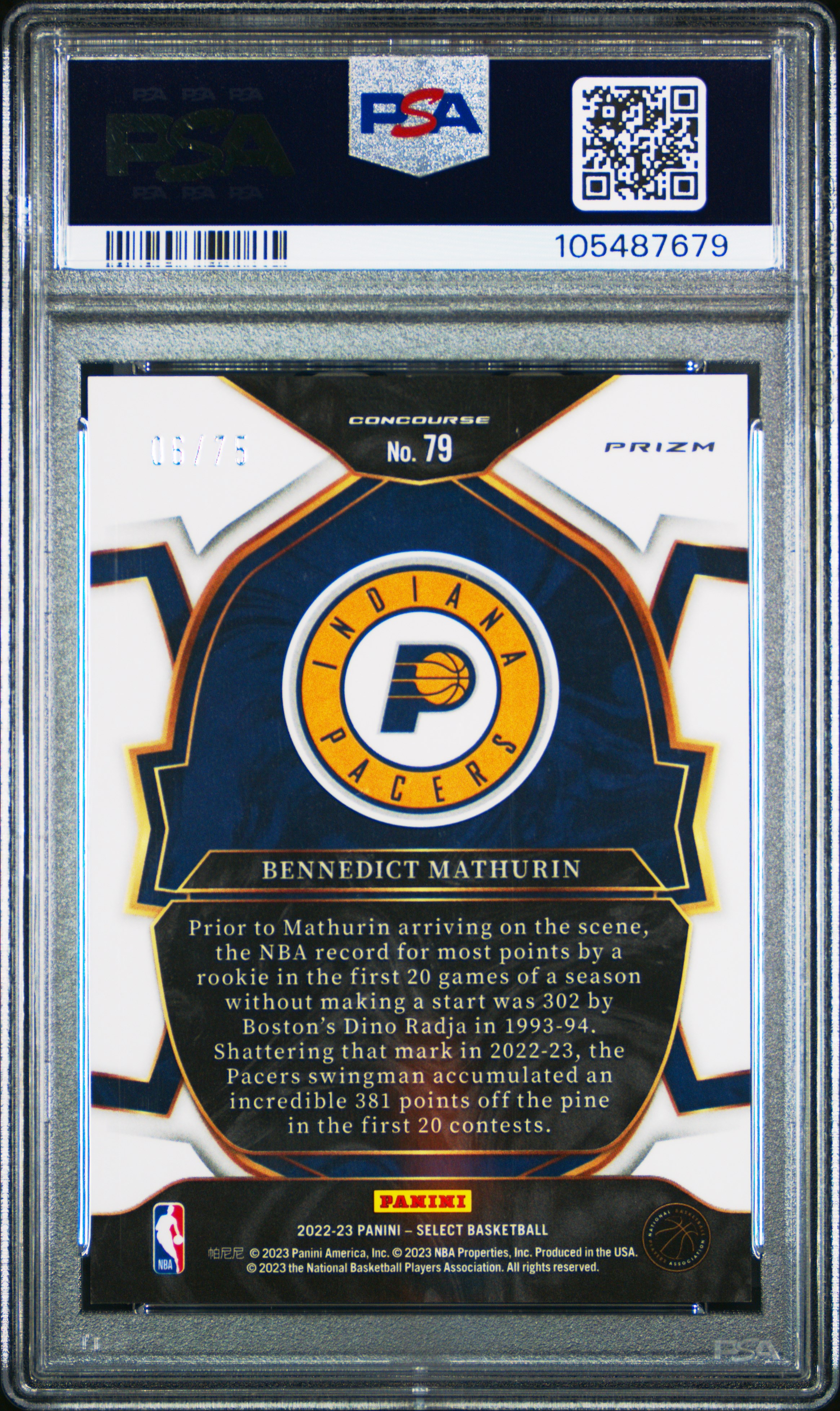 2022 Panini Select Bennedict Mathurin #79 (Neon Green) Gem Mt 10 back