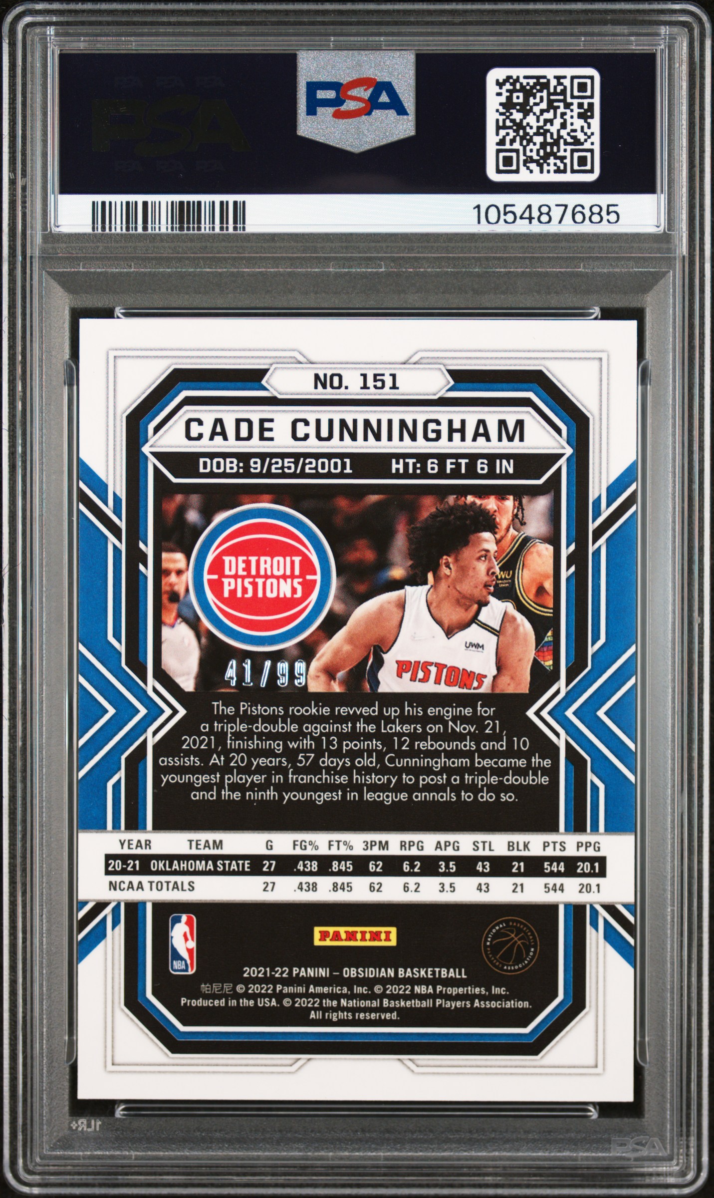 2021 Panini Obsidian Cade Cunningham #151 (E/E Red/Yellow/Green Flood) Gem Mt 10 back