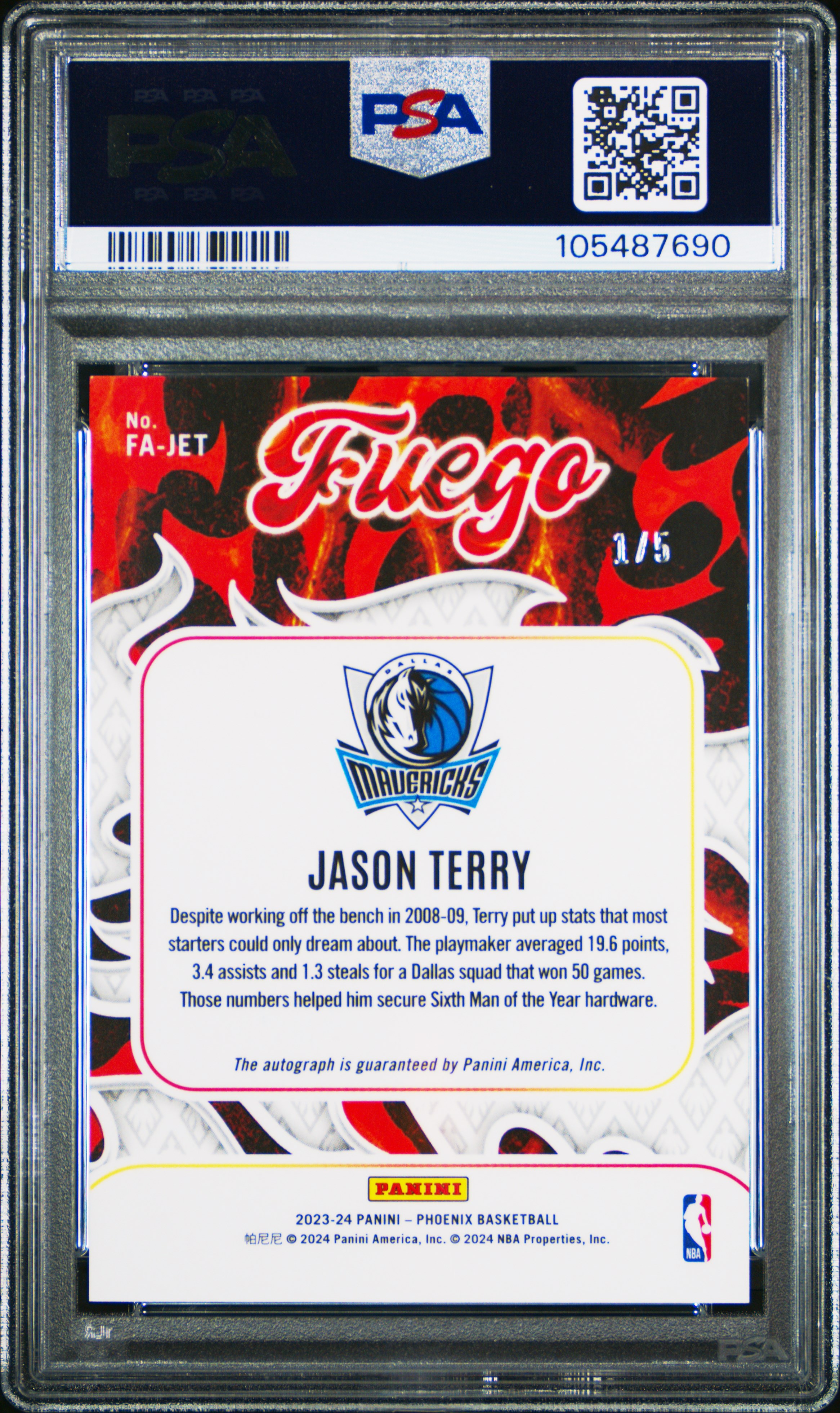2023 Panini Phoenix Fuego Autographs Jason Terry #Fajet (Fuego Autograph-Green) Mint 9 back