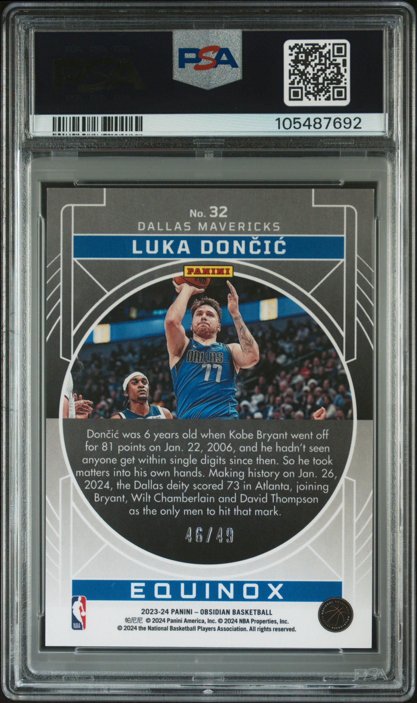 2023 Panini Obsidian Equinox Luka Doncic #32 (Equinox-Ee Purple Flood) Gem Mt 10 back