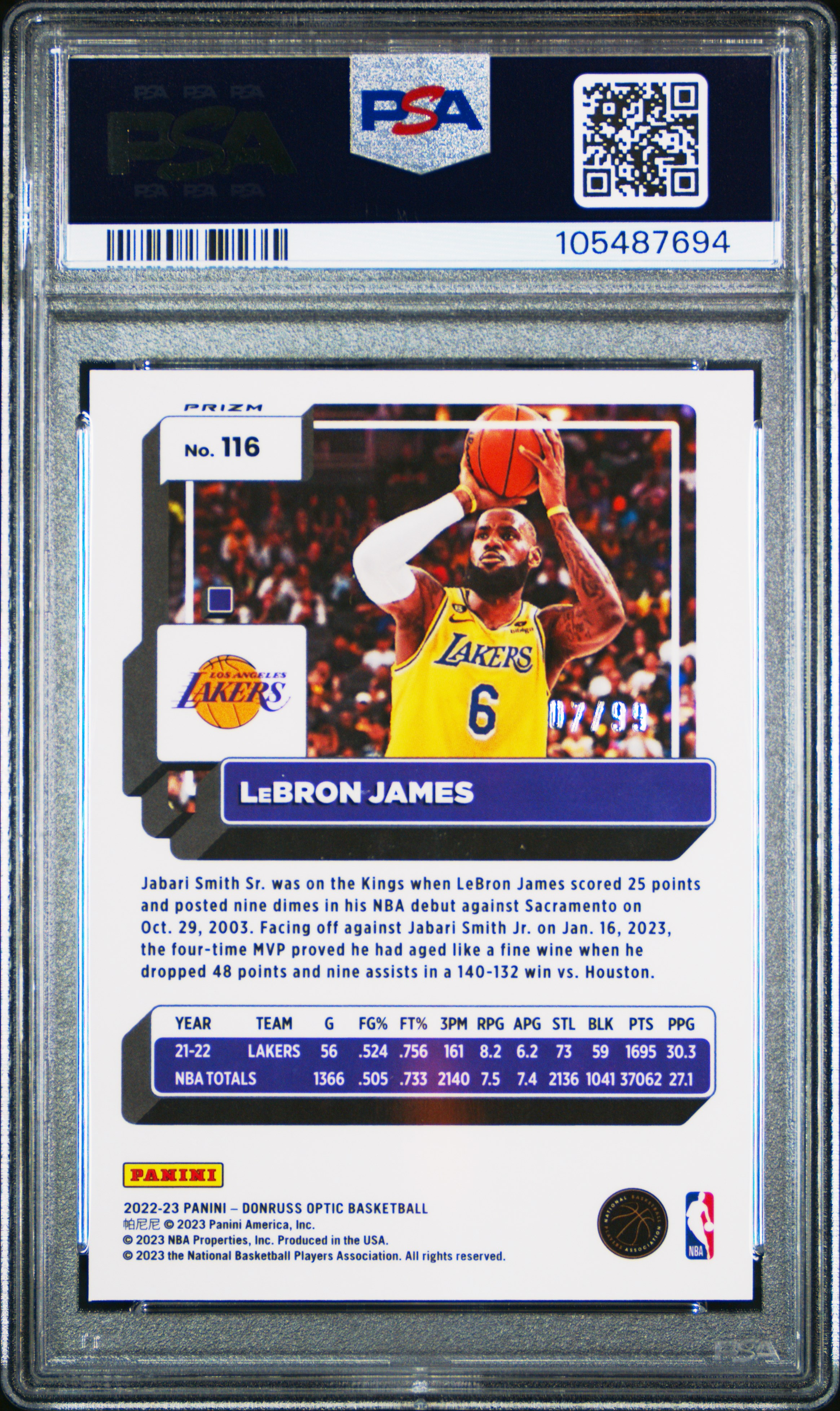 2022 Panini Donruss Optic Lebron James #116 (Red & Gold Wave) Gem Mt 10 back