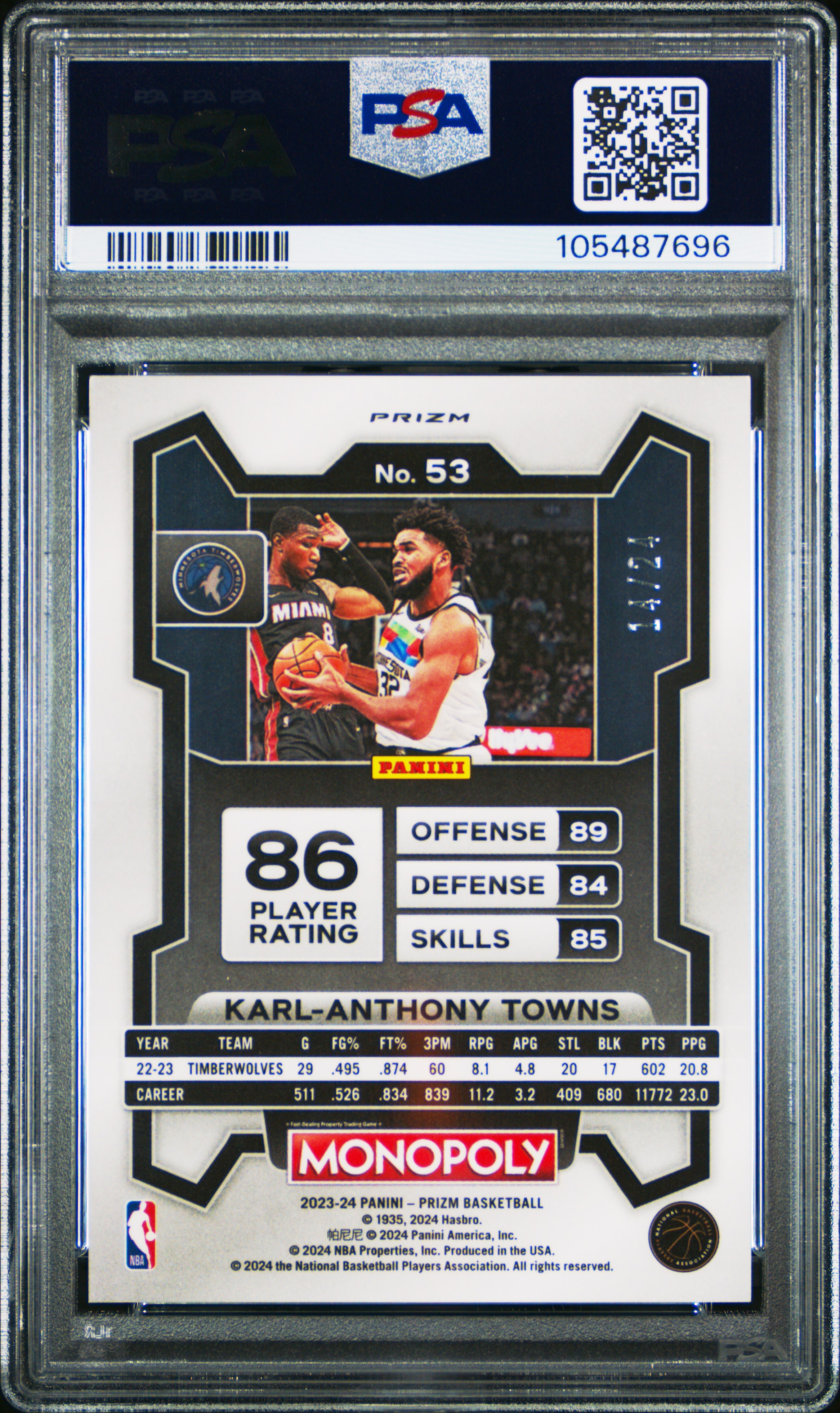 2023 Panini Prizm Monopoly Karl-Anthony Towns #53 (Green) Gem Mt 10 back