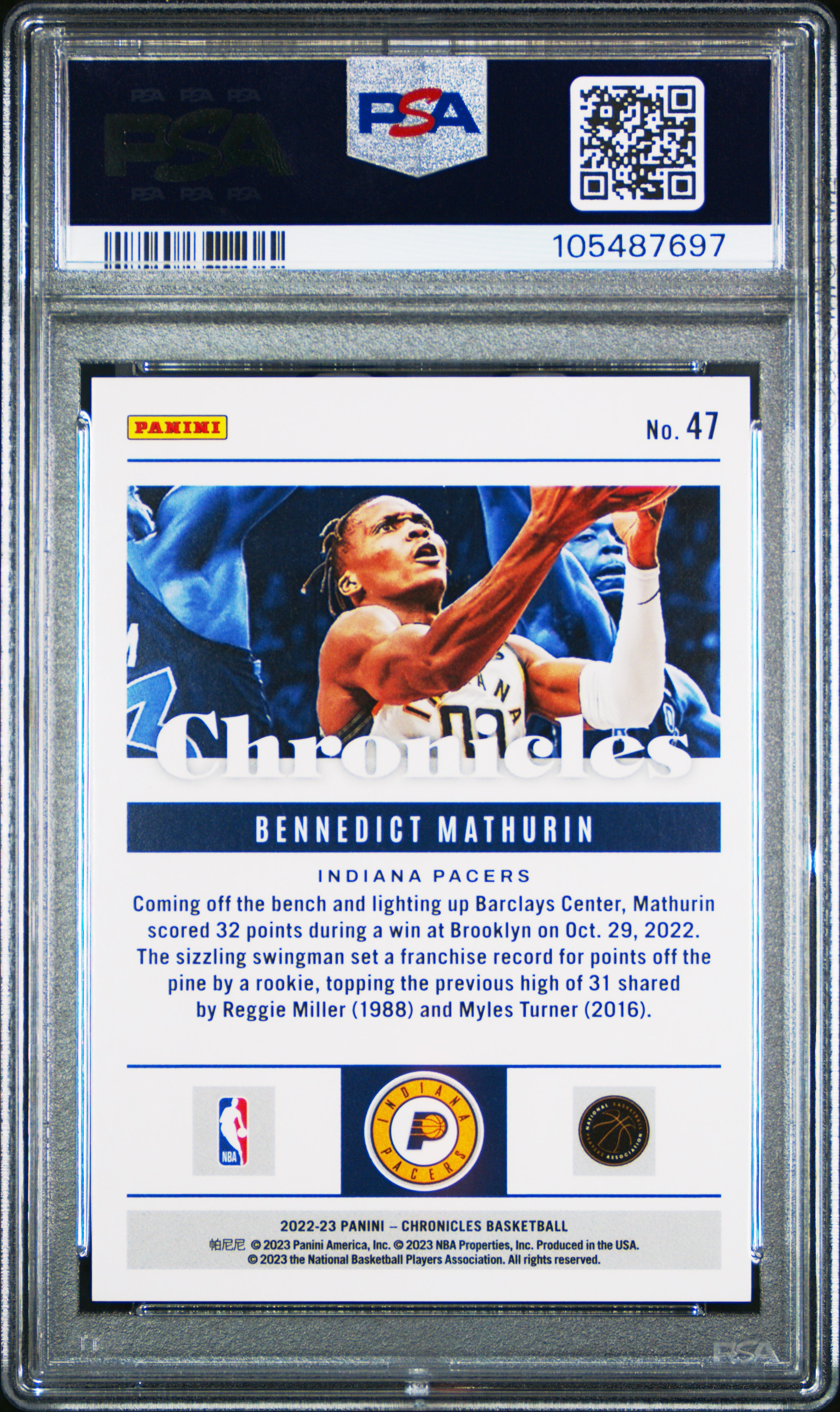 2022 Panini Chronicles Bennedict Mathurin #47 (Asia Red) Gem Mt 10 back