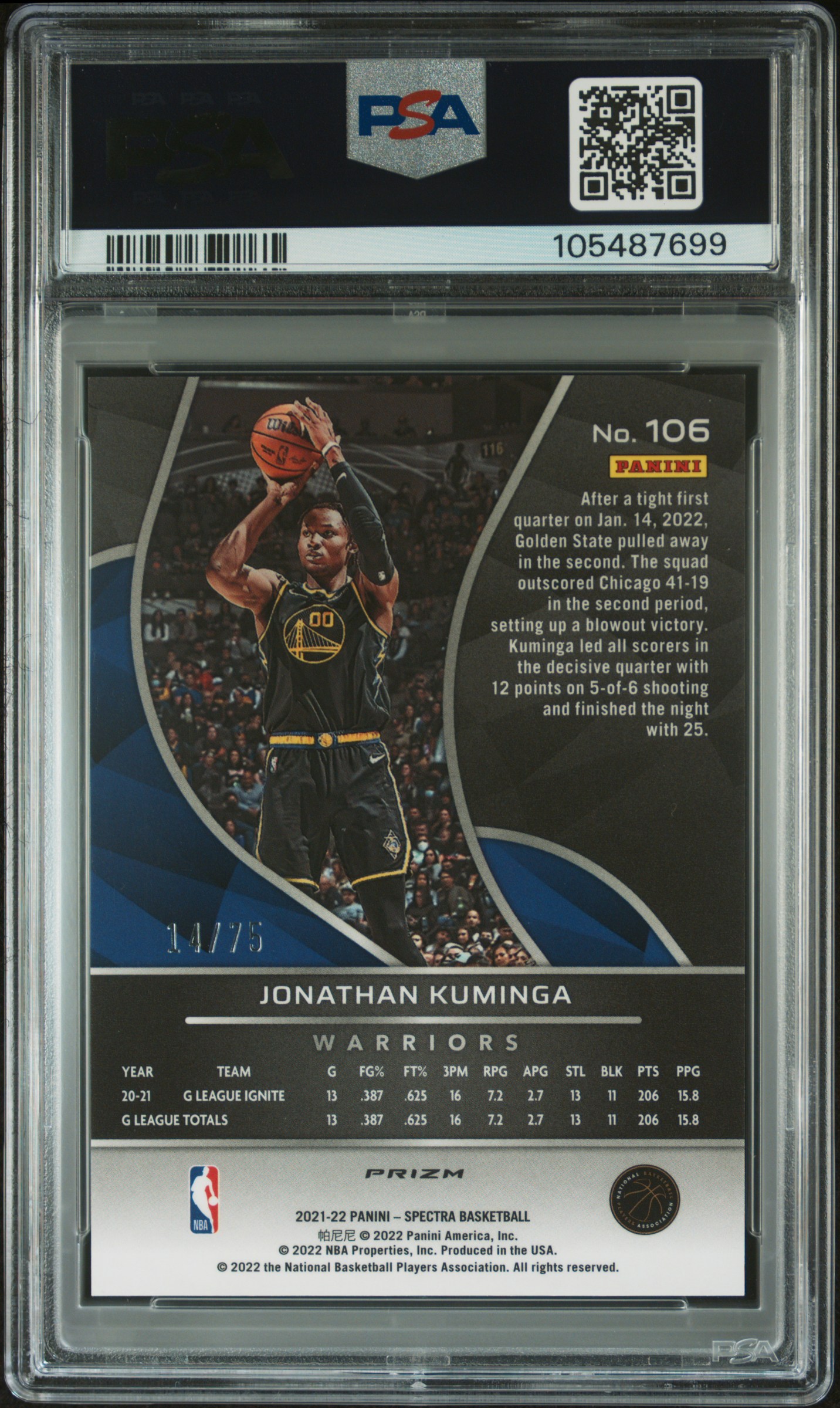 2021 Panini Spectra Jonathan Kuminga #106 (Asia Red/Yellow/Green) Gem Mt 10 back