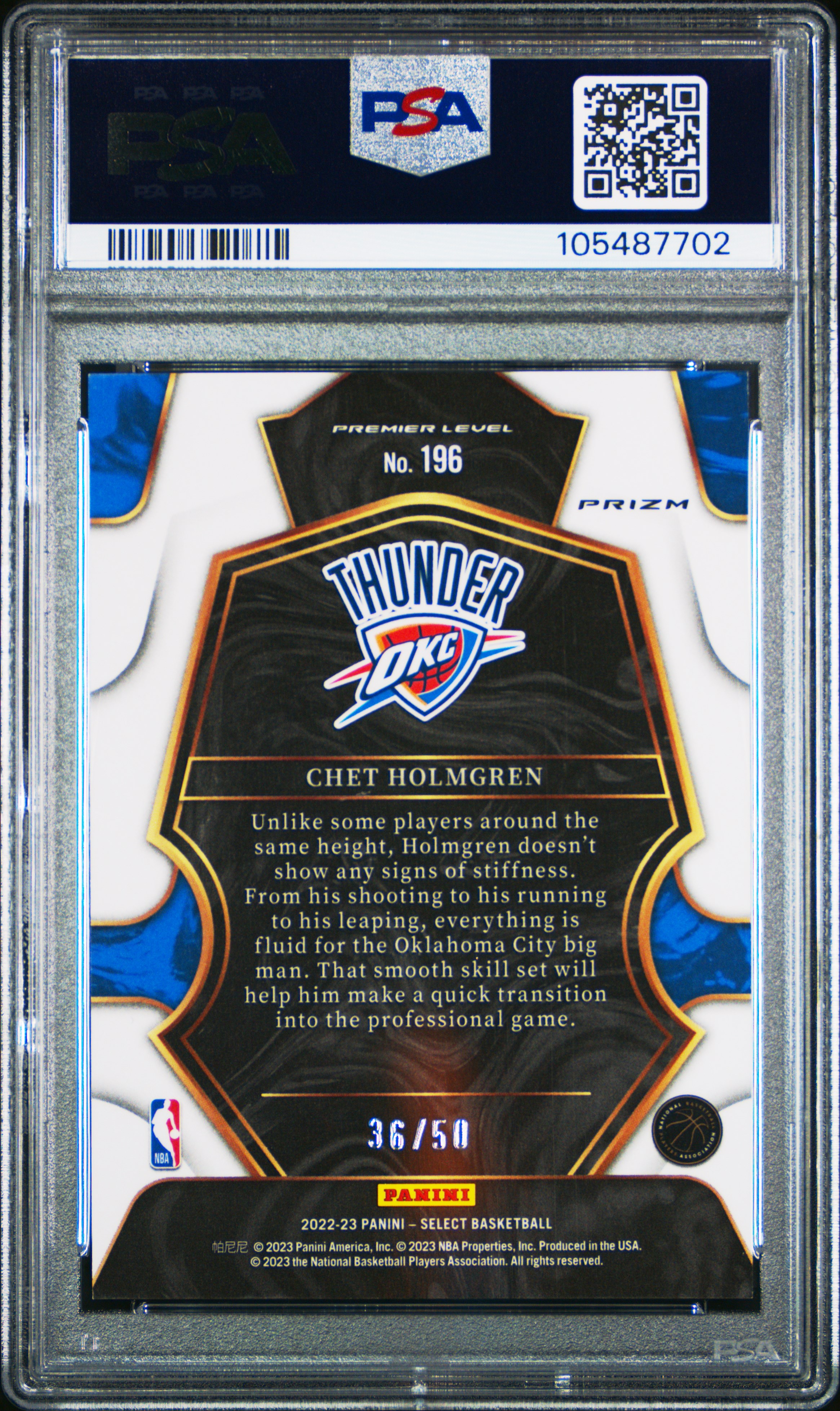 2022 Panini Select Chet Holmgren #196 (Green Wave) Gem Mt 10 back