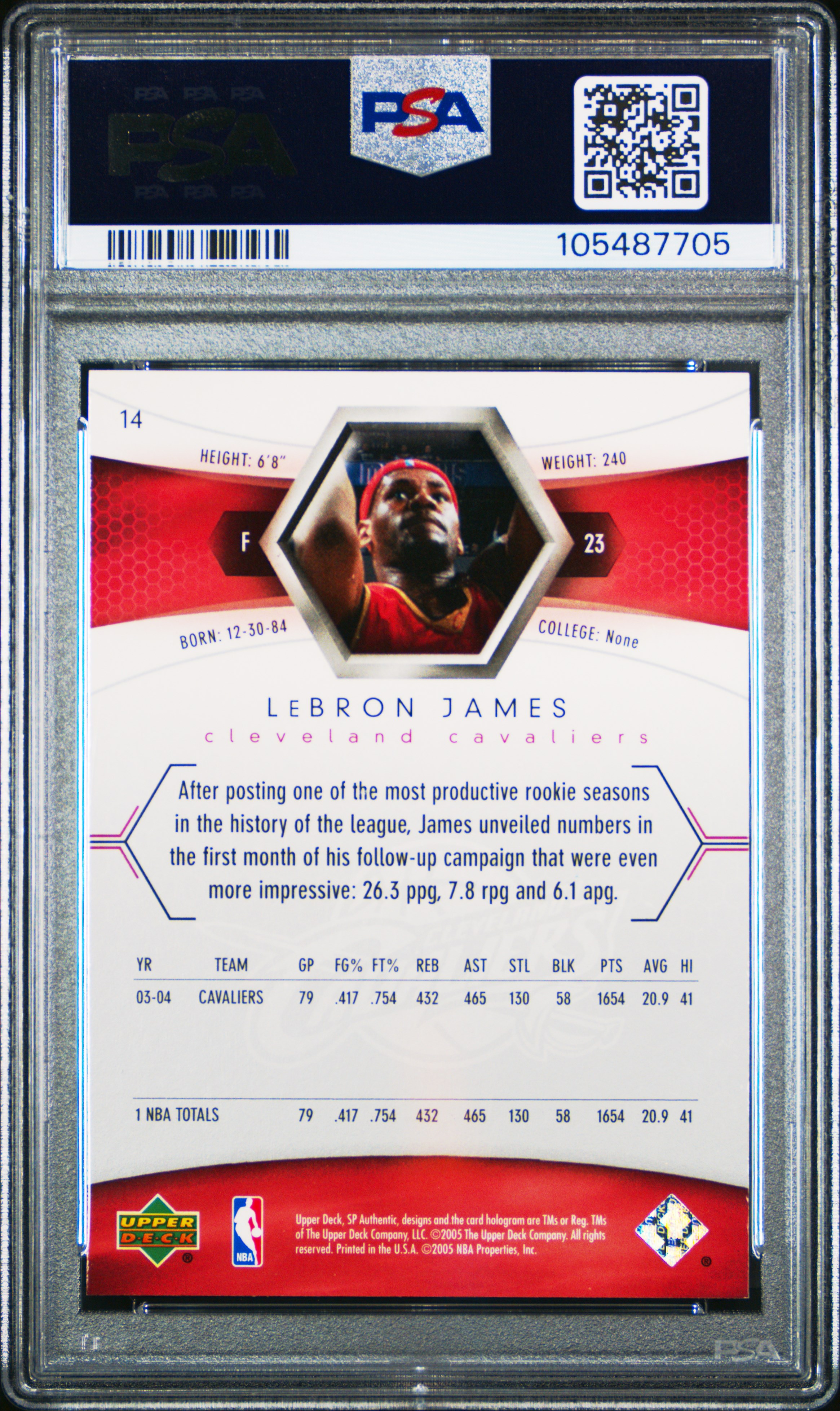 2004 Sp Authentic Lebron James #14 Gem Mt 10 back