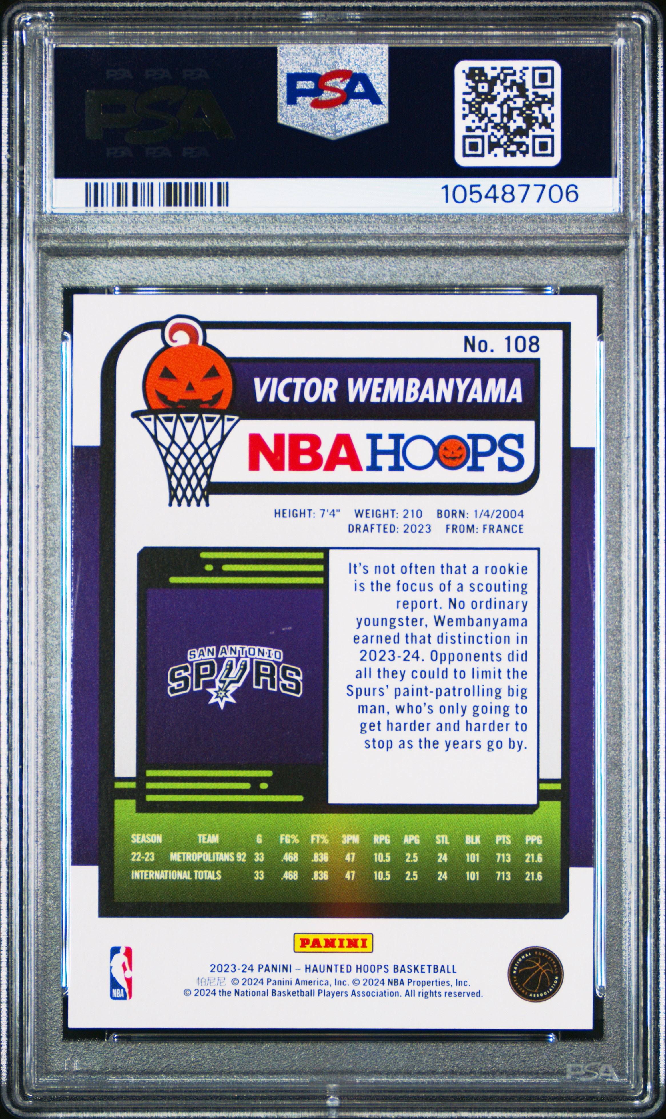 2023 Panini Haunted Hoops Victor Wembanyama #108 Gem Mt 10 back