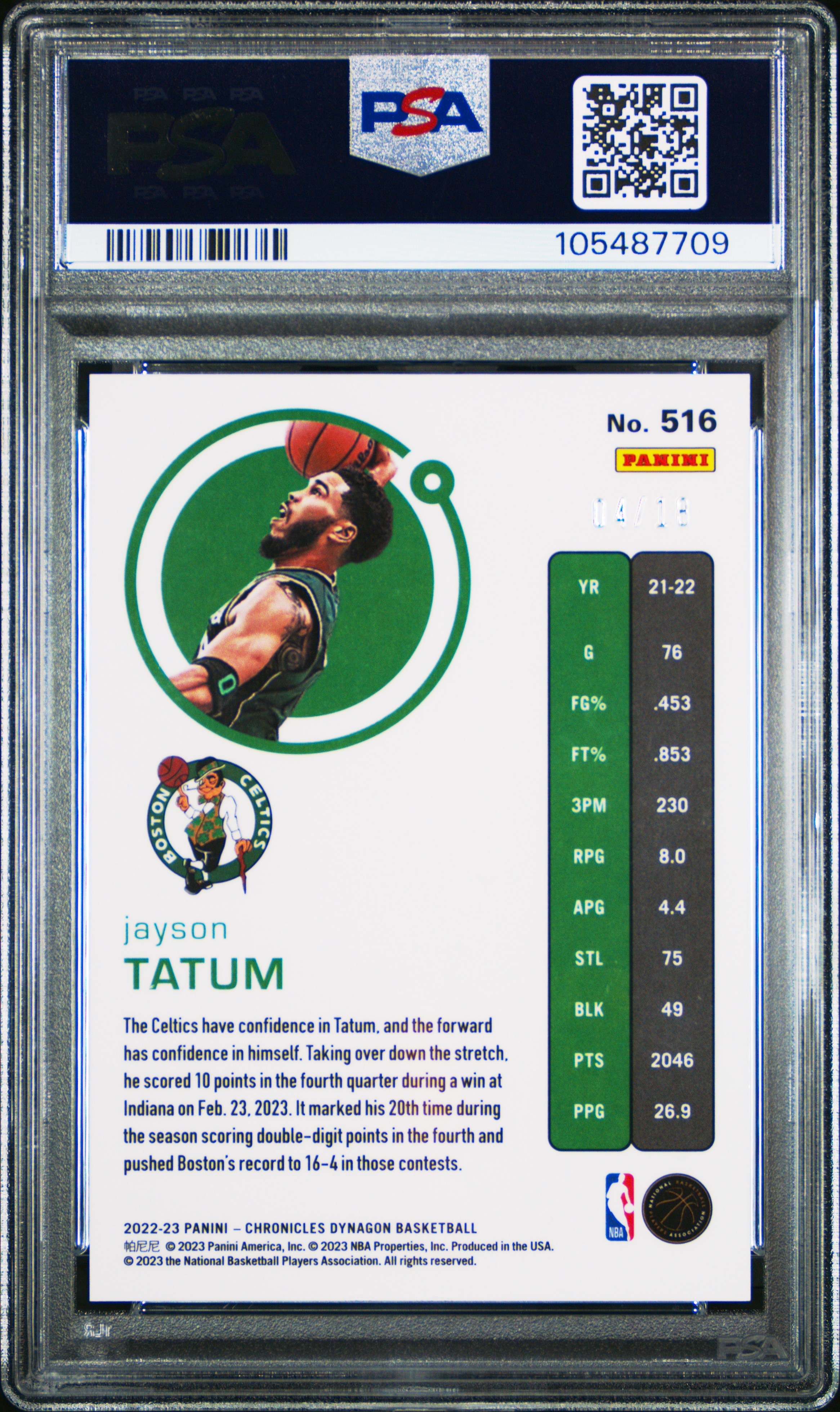 2022 Panini Chronicles Jayson Tatum #516 (Asia Jade) Gem Mt 10 back