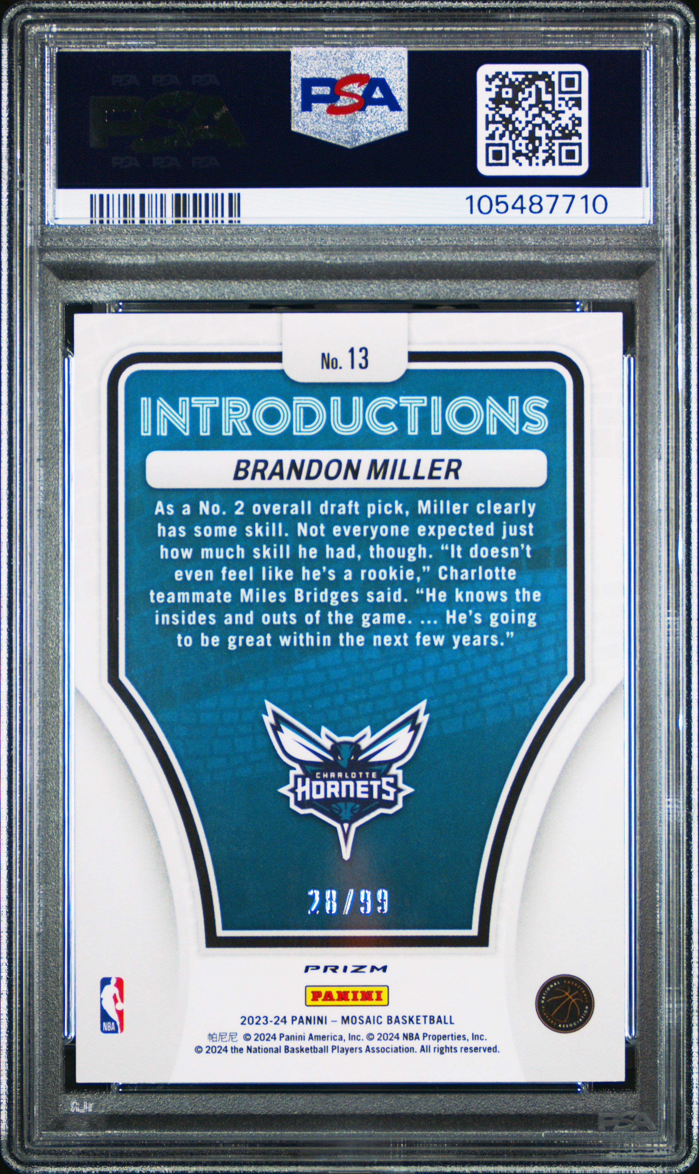 2023 Panini Mosaic Introductions Brandon Miller #13 (Introductions-Purple) Gem Mt 10 back